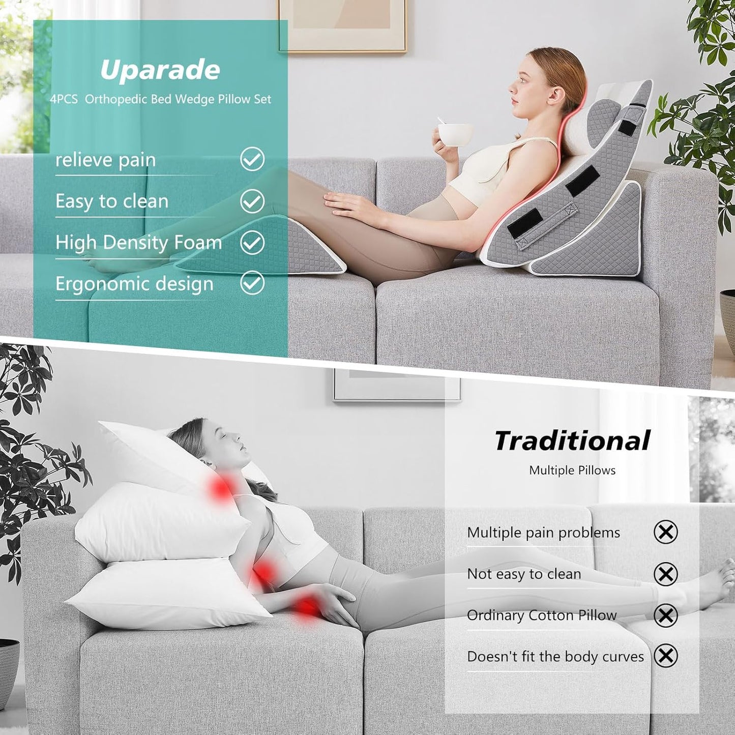 Orthopedic Bed Wedge Pillow Set for Sleeping 4 PCS - Adjustable Triangle Pillow for Neck Leg Support with Washable Cover - 35D Foam Wedge Pillow Post Surgery for GERD & Snoring (White Grey)