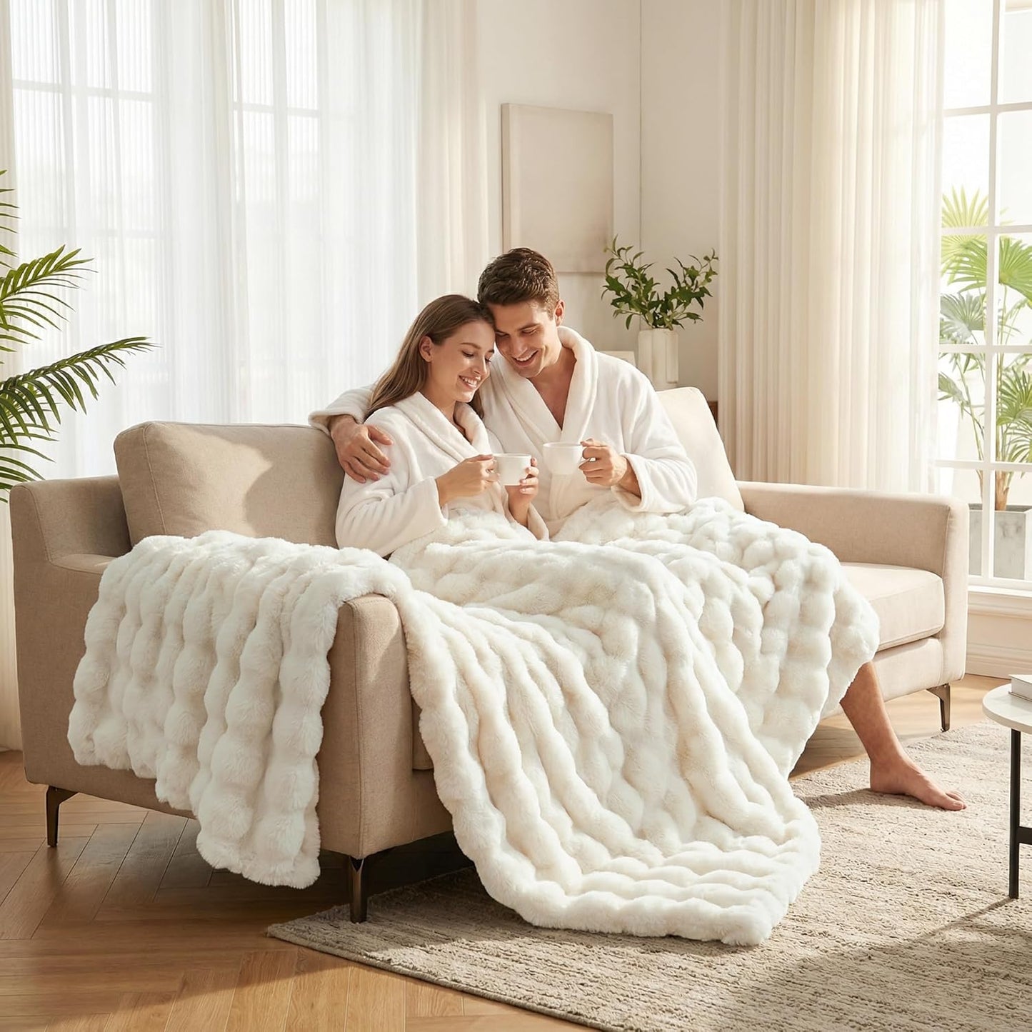 DREAMNINE Soft Faux Bubble Rabbit Fur Throw Blanket for Couch, Thick Cozy Decorative Warm Fuzzy Fur Blanket for Sofa Chair Bedroom Living Room Dorm Gift, 50 * 60 Inches, Cream White