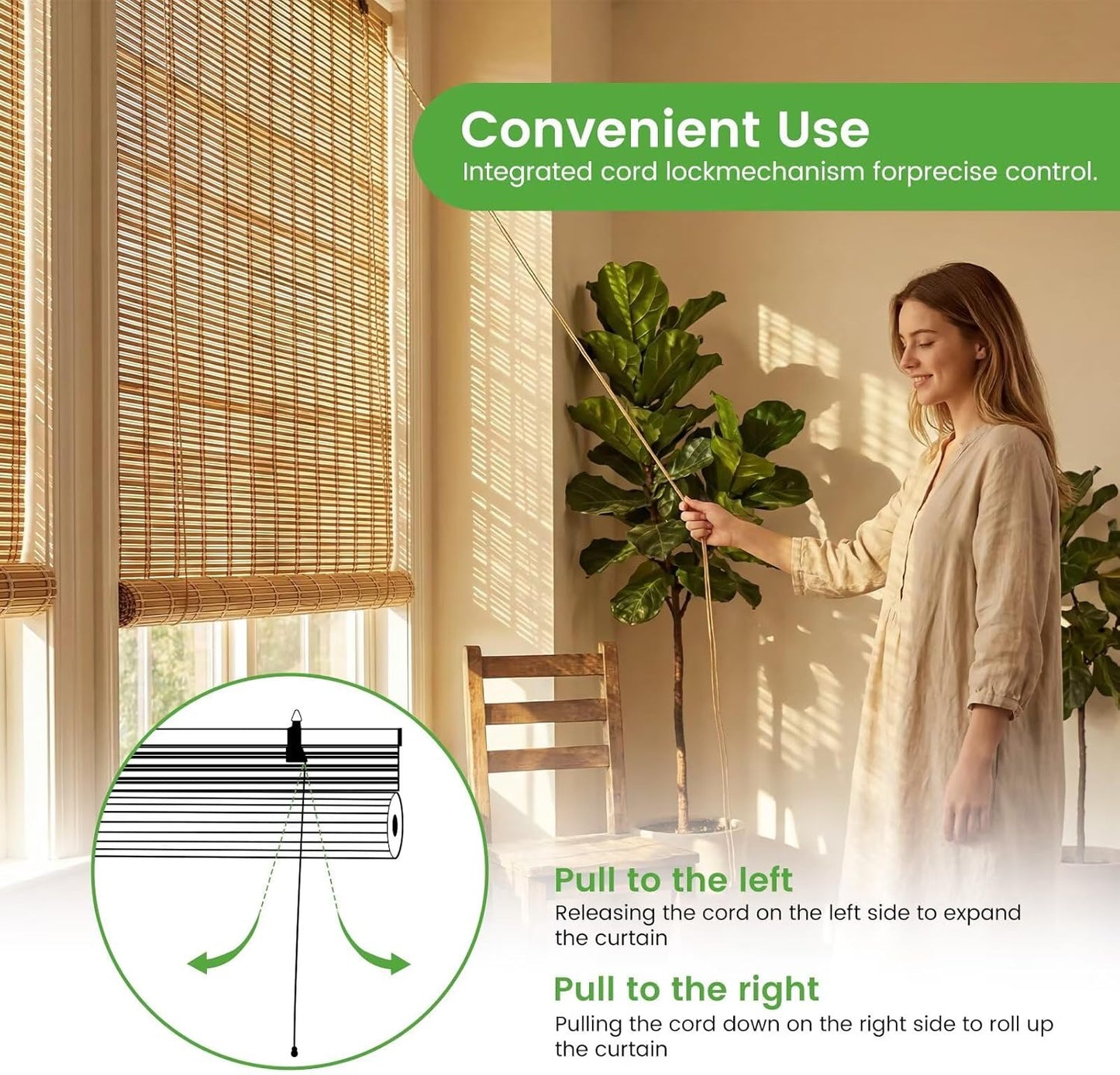Bamboo Blinds Easy to Install Bamboo Shades for Indoor Windows Custom Sizes Roller Shades for Indoor Windows Roll Up Blinds Indoor Outdoor Patio, 32" W x 48" H