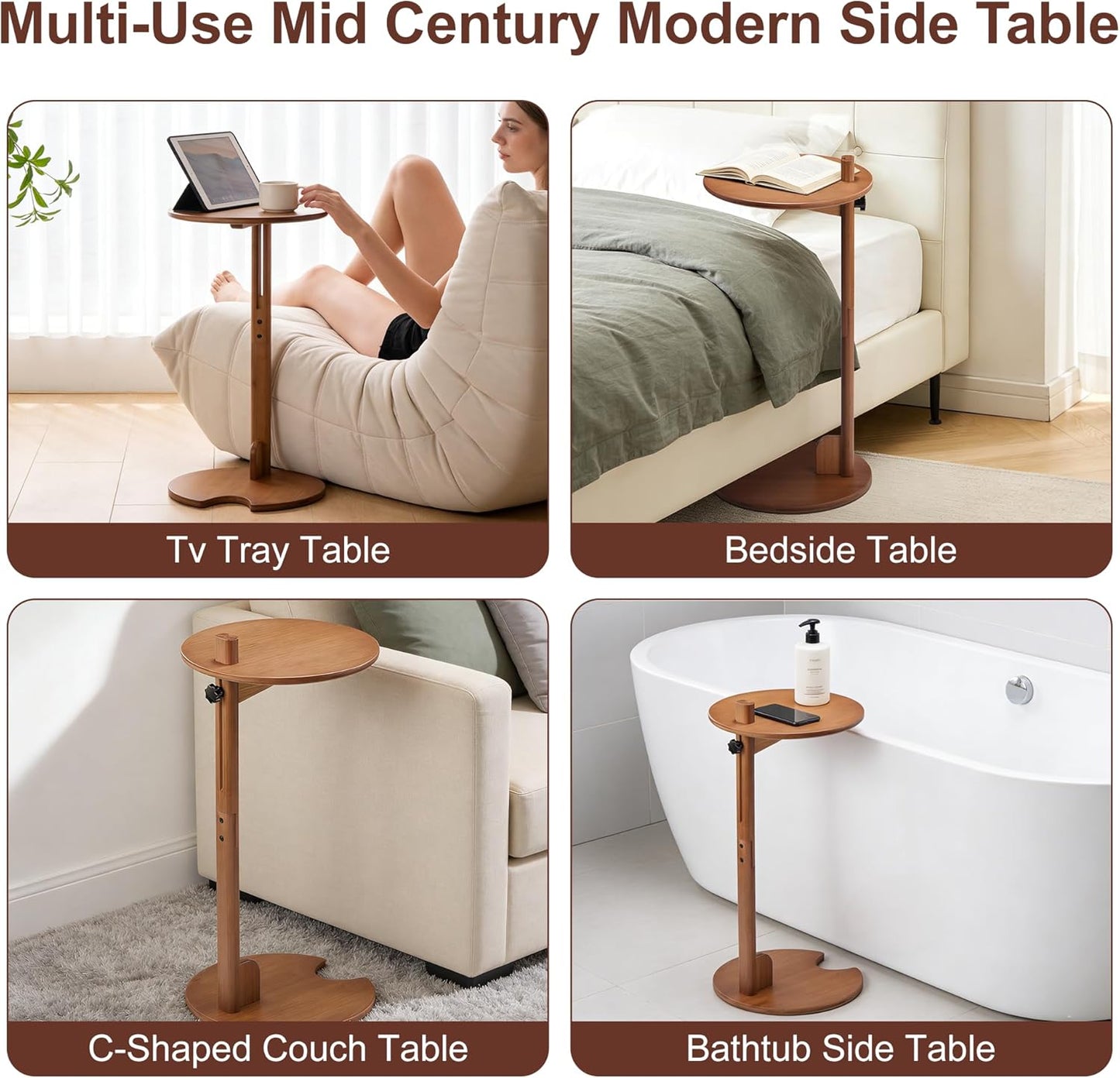 Bamboo C Shaped TV Tray Table, 18-26" Height Adjustable Round Side Table, Slide Under Couch End Table Laptop Desk for Small Spaces Living Room Bedroom (Walnut)