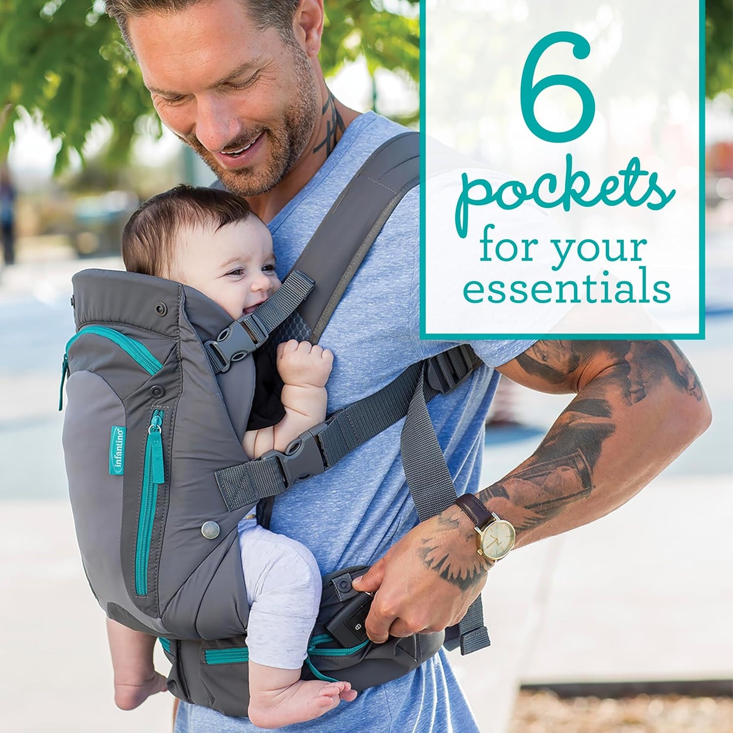 Infantino Carry On Baby Carrier, Ergonomic Multi-Pocket Baby Carrier for Newborn to Toddler 8-40 lbs with Padded Straps, Lumbar Belt Storage, Registry Essential, Gray