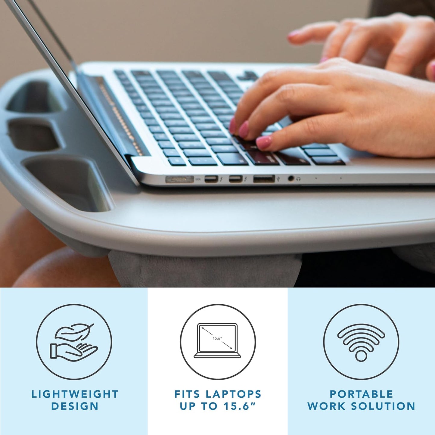 LAPGEAR MyDesk Lap Desk with Device Ledge and Phone Holder - Cool Gray - Fits up to 15.6 Inch Laptops - Style No. 44435