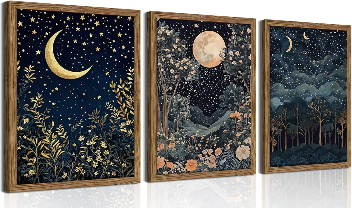 Framed Vintage Botanical Wall Art Set of 3, Nature Moon Night Sky Floral Canvas Prints, Forest Scenery Picture Painting, William Morris Farmhouse Wall Decor for Living Room Bedroom 16x24 inch