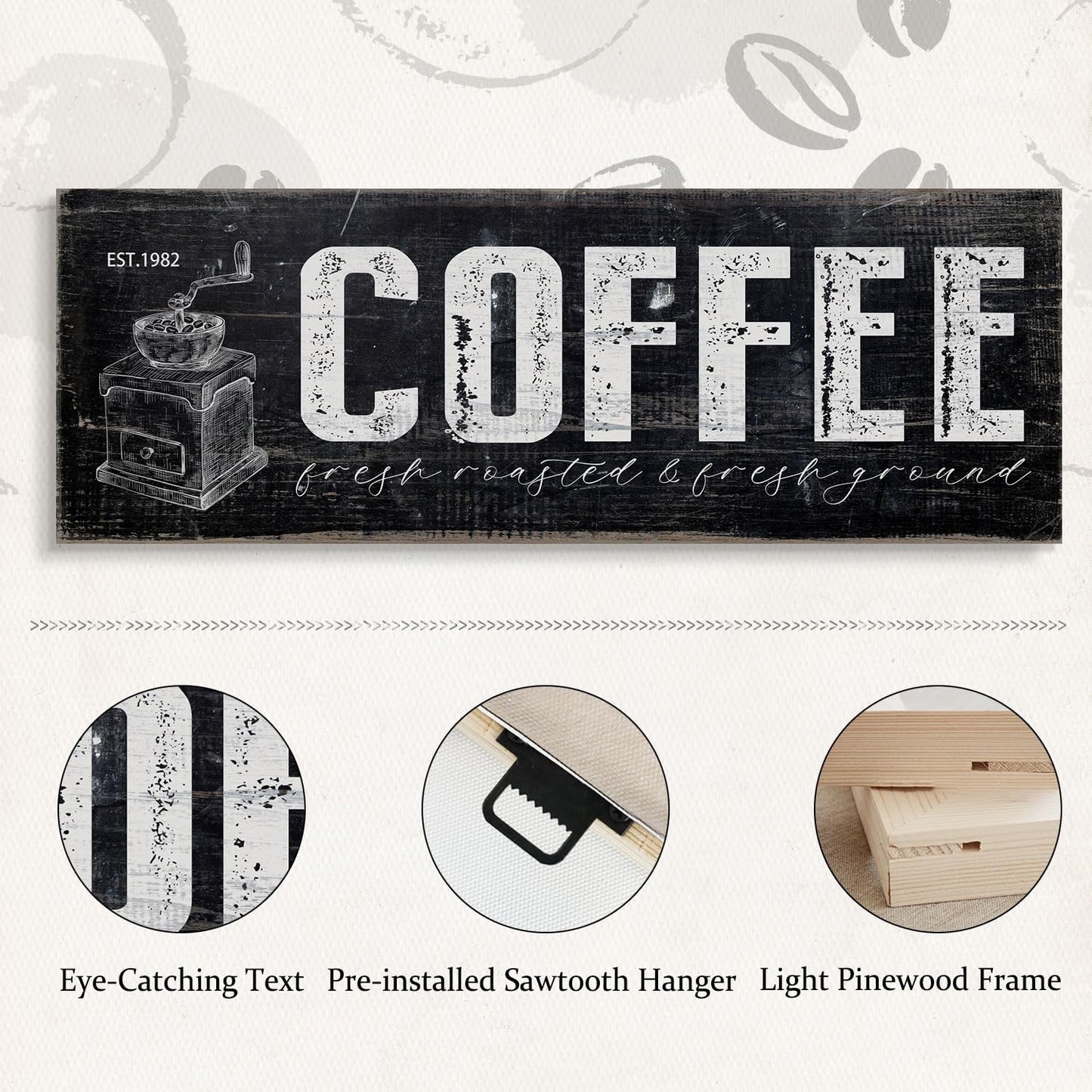 Distressed Coffee Bar Plaque Sign for Kitchen Station Fresh Roasted & Fresh Grind Black and White Canvas Wall Art for Home Cafe Corner Pantry Countertop Decorations 6"x17"