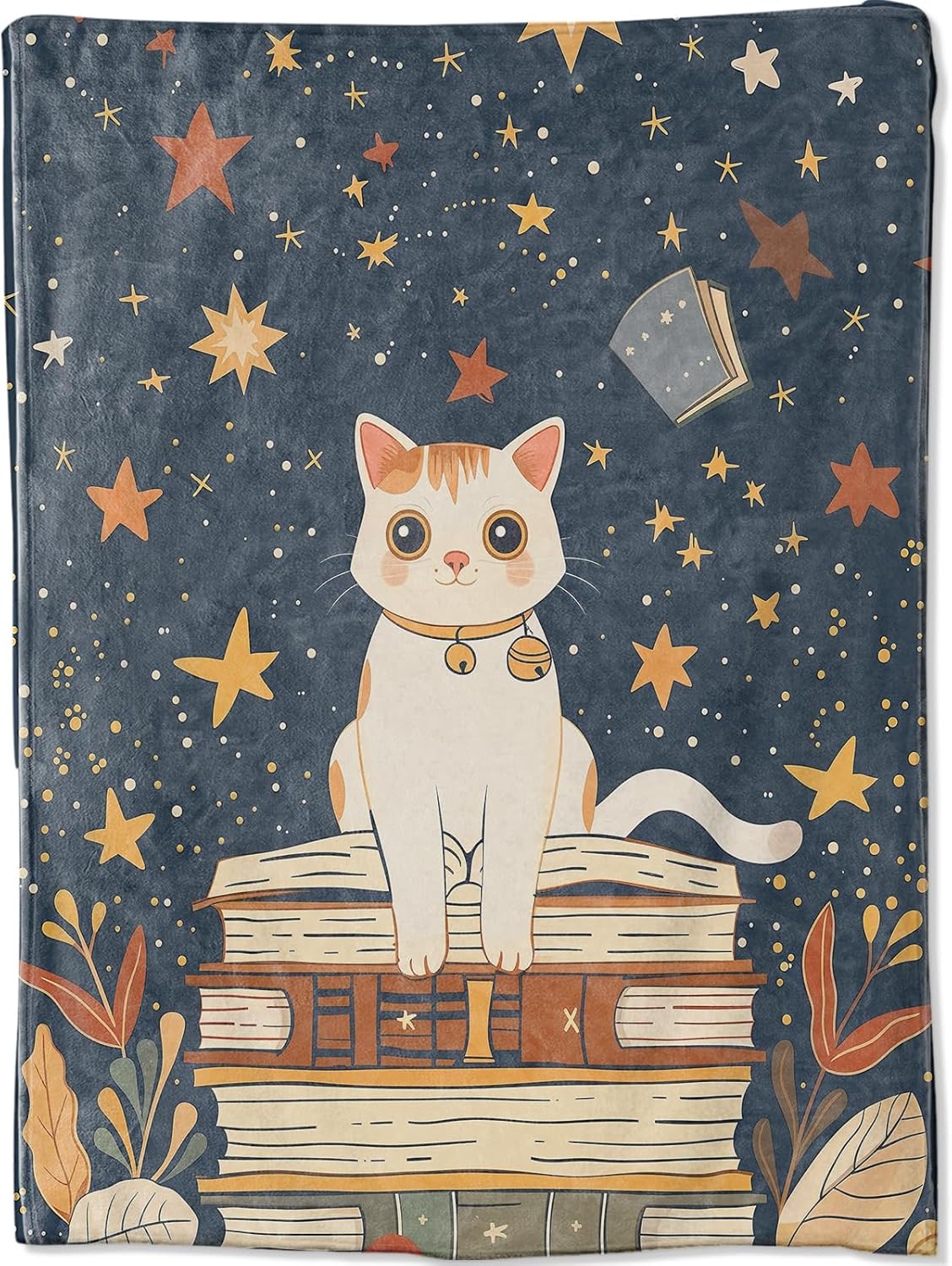 Cartoon Cat Books Throw Blanket, Starry Night Clever White Kitten Blankets for Bedroom Living Room Couch Decor, Fuzzy Cozy Soft Lightweight Throws, Gifts for Book Lovers Kids Boys, 50x60 in