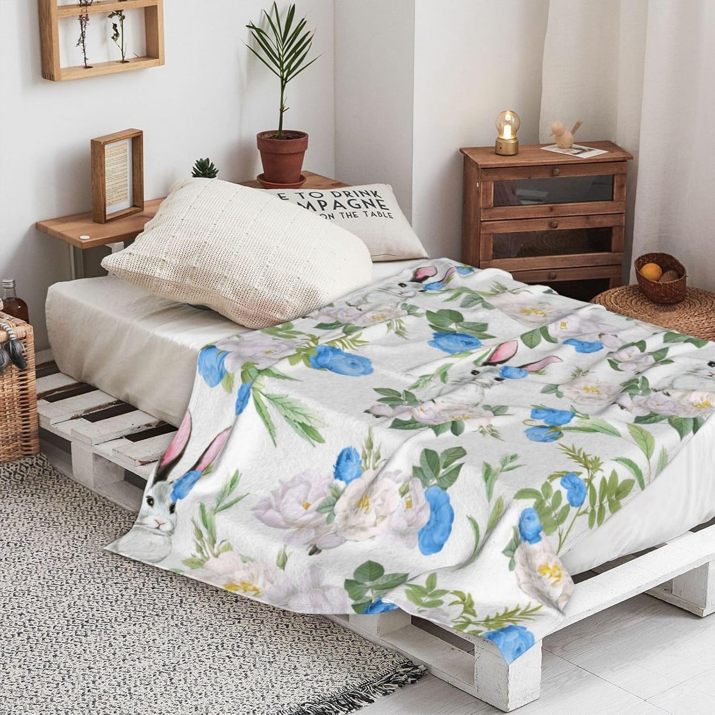Easter Bunny Floral Blanket - Cozy Fuzzy Plush Warm Spring Watercolor Floral Rabbits Blanket for Decorations - 60x80 inch