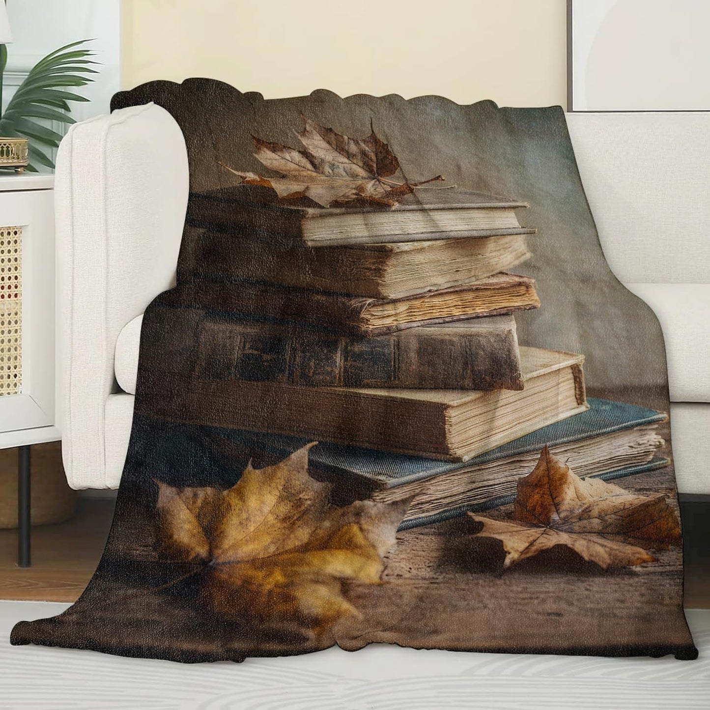 Vintage Book Blanket, Retro Autumn Leaf Blankts, Gifts for Adults Kids and Reading Lovers, Home Dorm Cabin Pet Area Picnic and Travel Decor, Soft Cozy Lightweight Flannel Throw,50"x60"