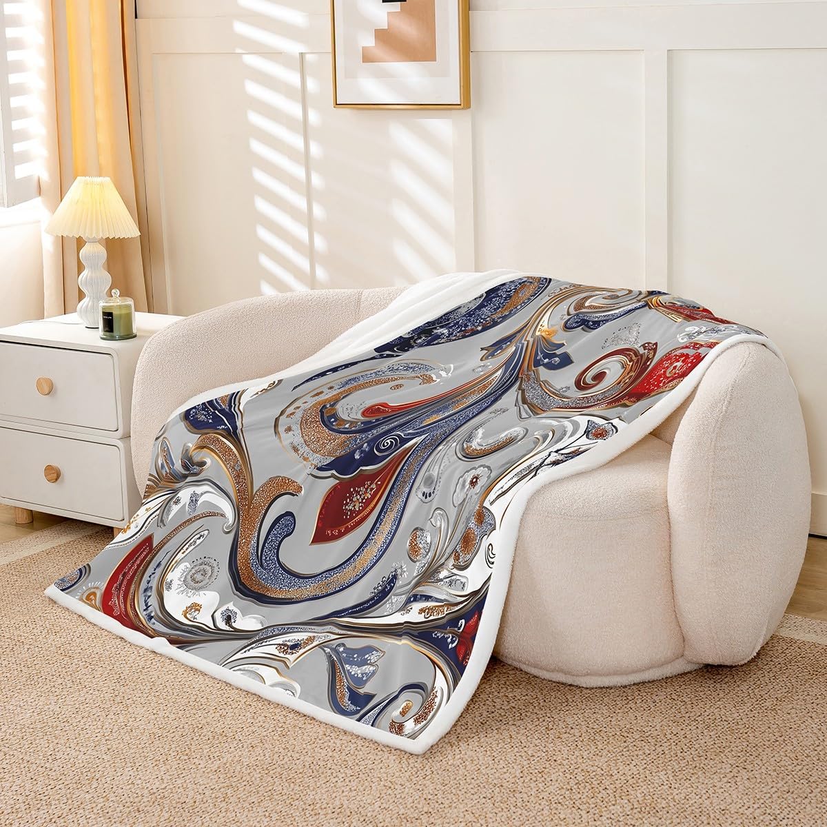 Feelyou Boho Paisley Print Fleece Throw Blanket Bohemian Style Sherpa Blanket for Sofa Couch Indian Design Plush Exotic Floral Warm Fuzzy Room Decor Twin 60"x80"