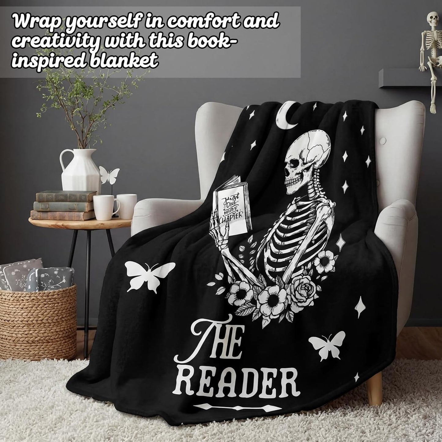 Moukeren Book Lovers Gifts for Readers Gothic Skeleton Reading Blanket 50"x60" Soft Flannel Throw Book Blanket for Women Bookish Bookworm Club Librarian Birthday Gifts Cozy Reading Accessories