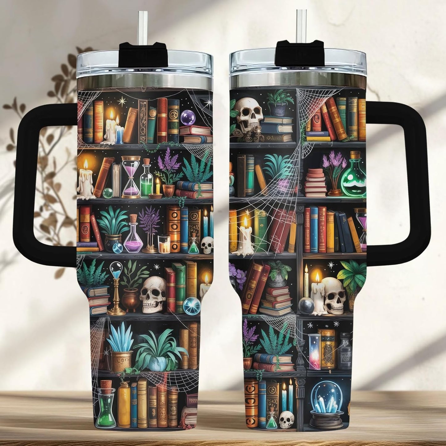 Reading Bookshelf Tumbler 40oz With Handle And Straw, Insulated Stainless Steel Travel Cup, Bookish Water Bottle For Daily Use, Birthday Gift For Book Lovers