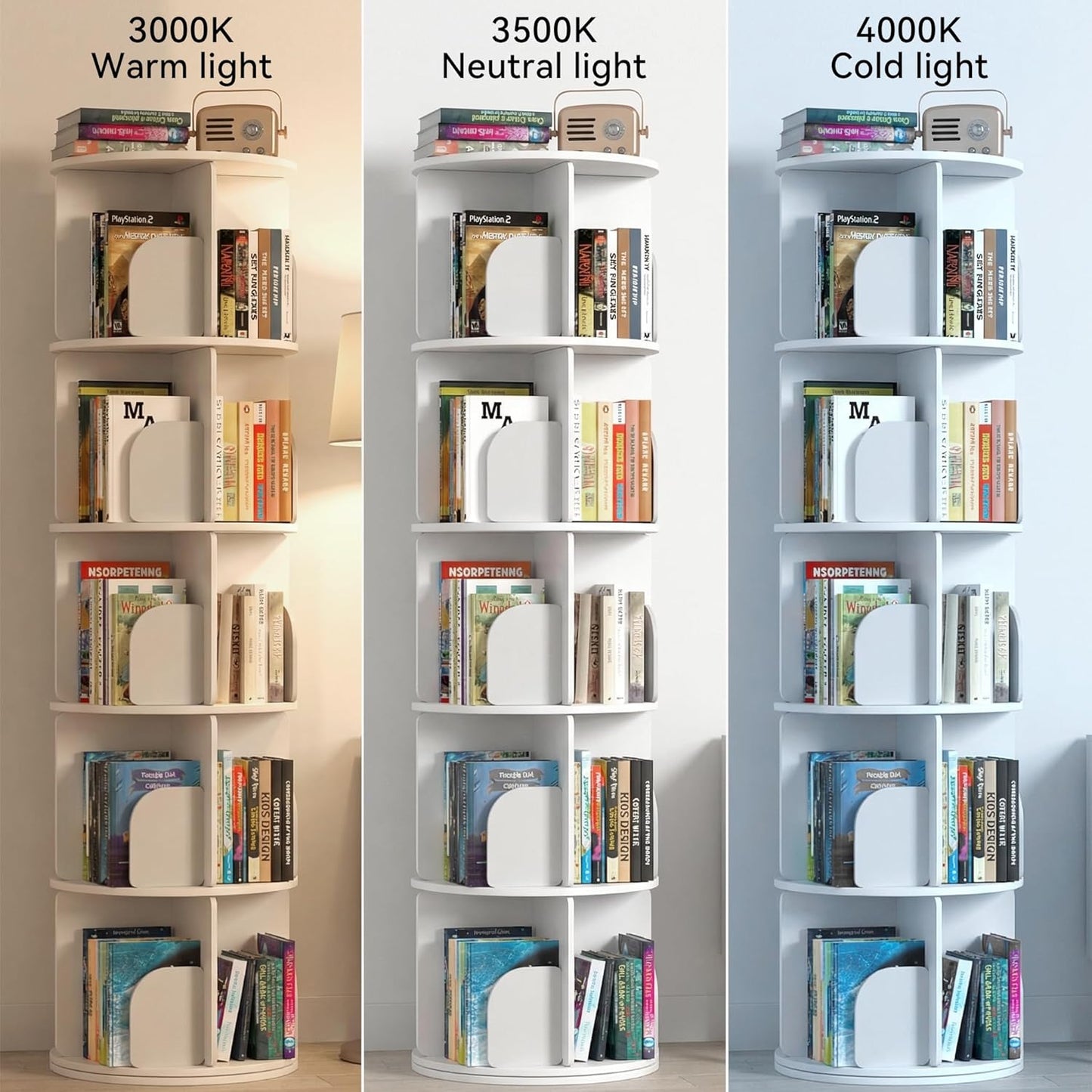 Kryonix Rotating Bookshelf, Spinning Bookshelf Tower 5 Tier, 360° Revolving Bookcase Lazy Susan, Multi-Functiona Corner Round Turning Book Shelf Organizer for Small Spaces(White)