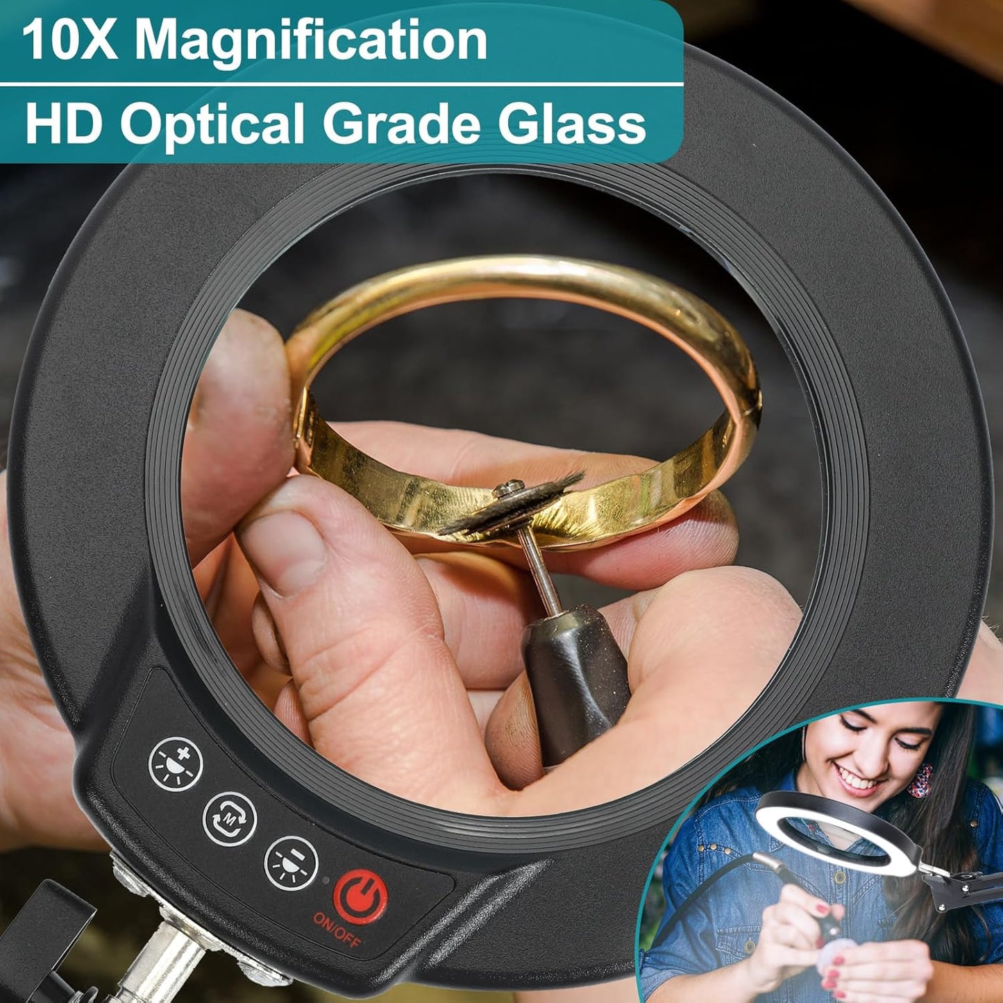 10X Magnifying Glass with Light and Stand, 2-in-1 Desk Lamp & Clamp Light, Seylae 5 Color Modes, Brightness Stepless Dimmable LED Lighted Magnifier Hands Free, Magnifier Lamp for Close Work, Reading