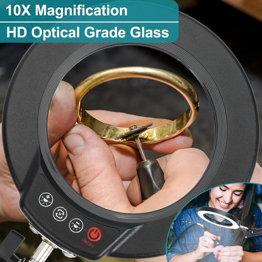 10X Magnifying Glass with Light and Stand, 2-in-1 Desk Lamp & Clamp Light, Seylae 5 Color Modes, Brightness Stepless Dimmable LED Lighted Magnifier Hands Free, Magnifier Lamp for Close Work, Reading