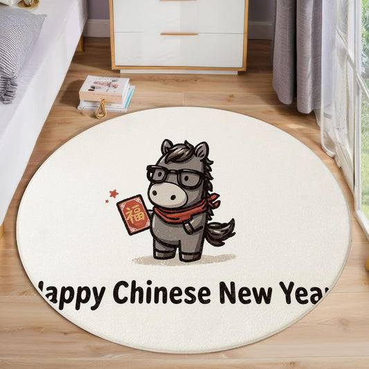 Modern Round Area Rug for Living Room, 2Ft Washable Round Rug Cream Color Cartoon Horse Happy New Year Circle Rugs for Dining Room Table, Cute Animal Small Circular Floor Carpet for Bedroom