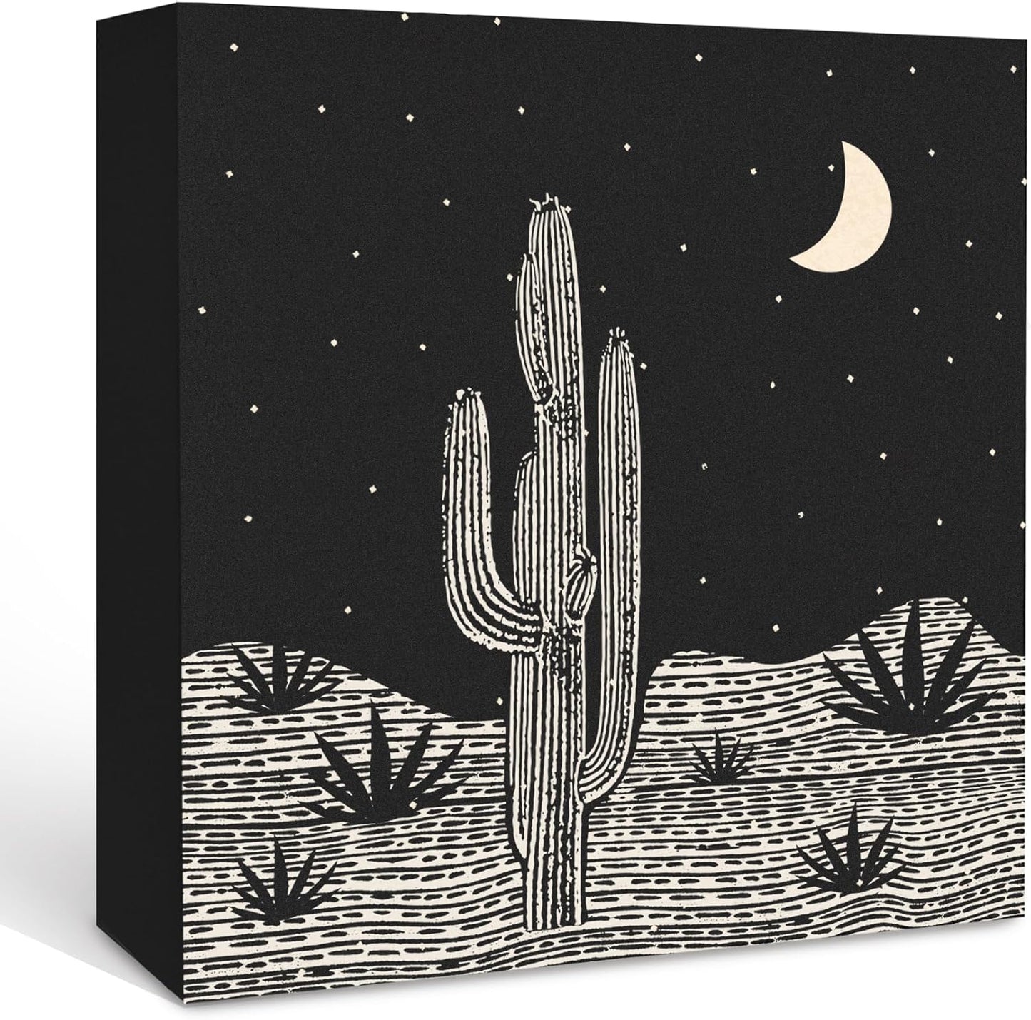 Black Western Cactus Wooden Box Sign Desk Decor, Western Shelf Decor, Farmhouse Desert Decorative Signs for Bedroom Living Room, Mid Century Southwest Home Shelf Desk Decor 5x5 Inch