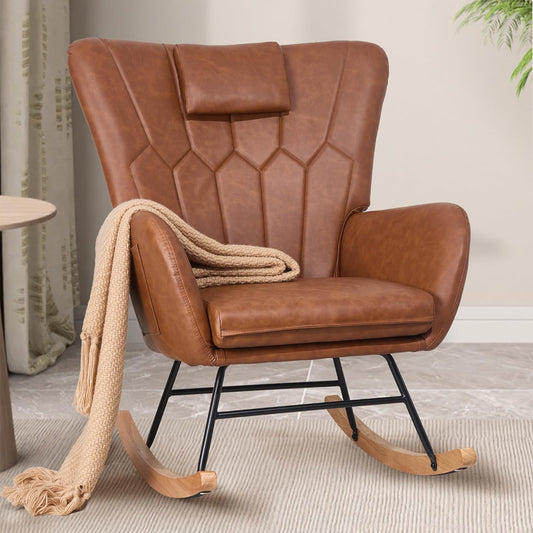 Nursery Rocking Glider Chair — PU Upholstered, Thick Headrest, High Backrest, Side Pocket, Brown