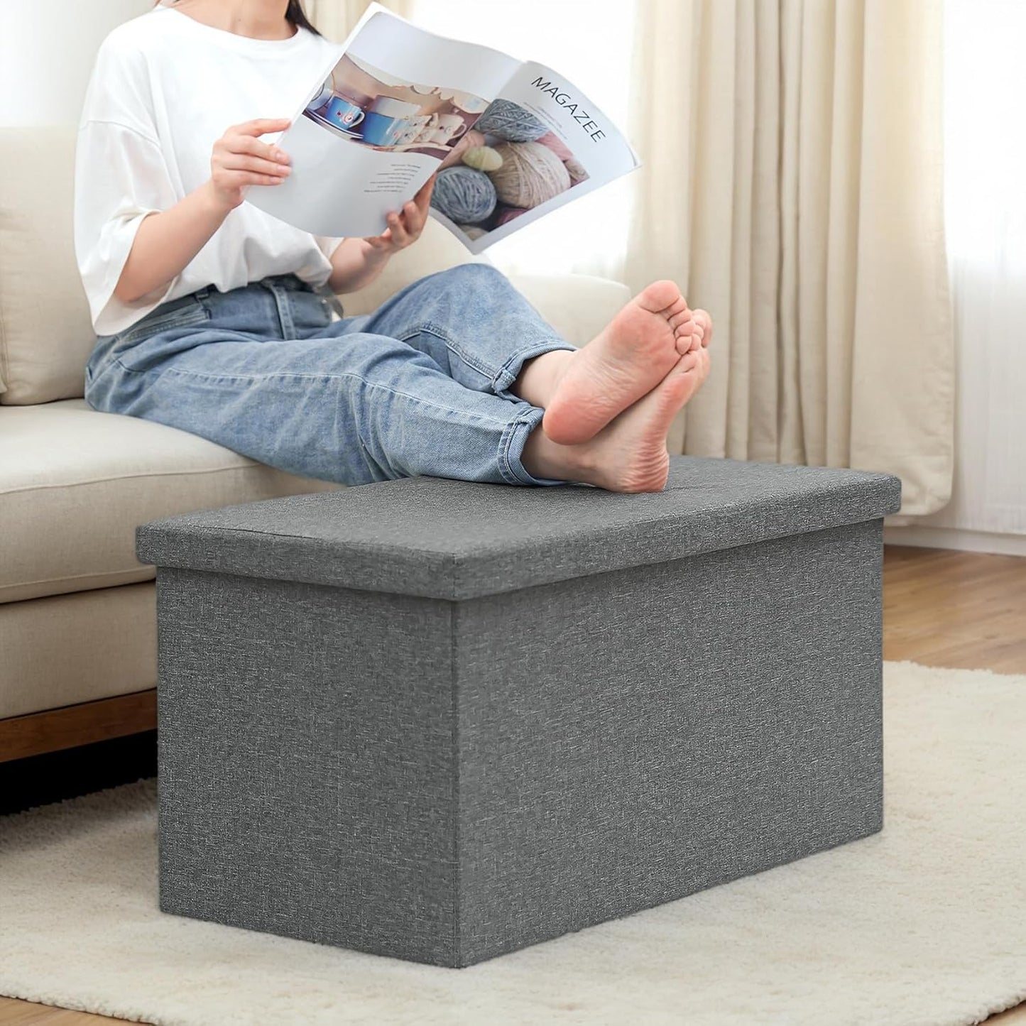 30 Inch Folding Storage Ottoman with Reversible Lid Coffee Table, Linen Fabric Multi-Functional Foot Rest & Seat for Living Room, Bedroom Grey