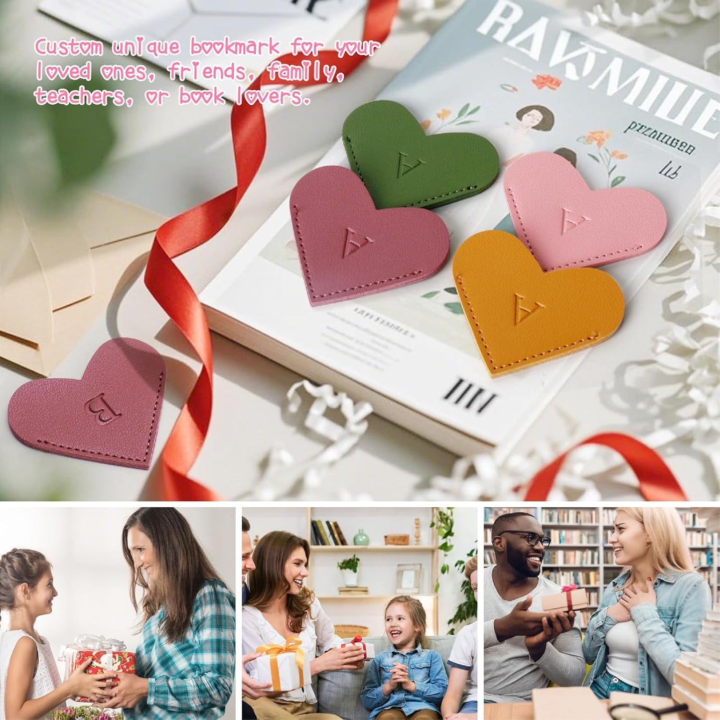 Personalized Initial Leather Heart Bookmark,Cute Corner Page Marker,Reading Accessories for Teachers Students Kids Book Lovers Women Gift,for School Office Home Supplies (E(4 Pcs))