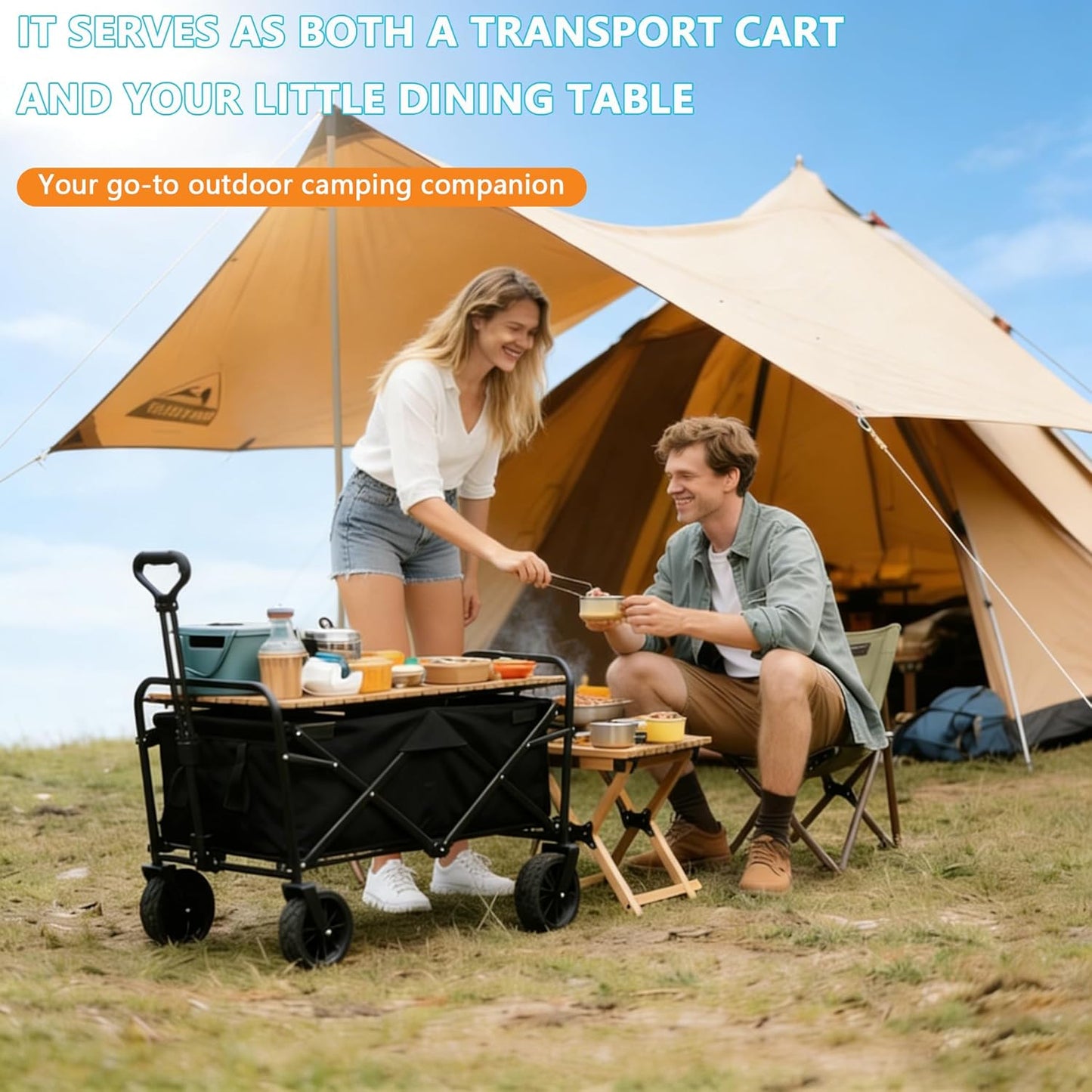 SNZ Heavy-Duty Collapsible Wagon Cart - 120L Capacity, 220lbs Capacity, 360° All-Terrain Wheels, Foldable Utility Cart for Camping, Beach, Garden, Grocery Shopping & Outdoor (Without Table Top)
