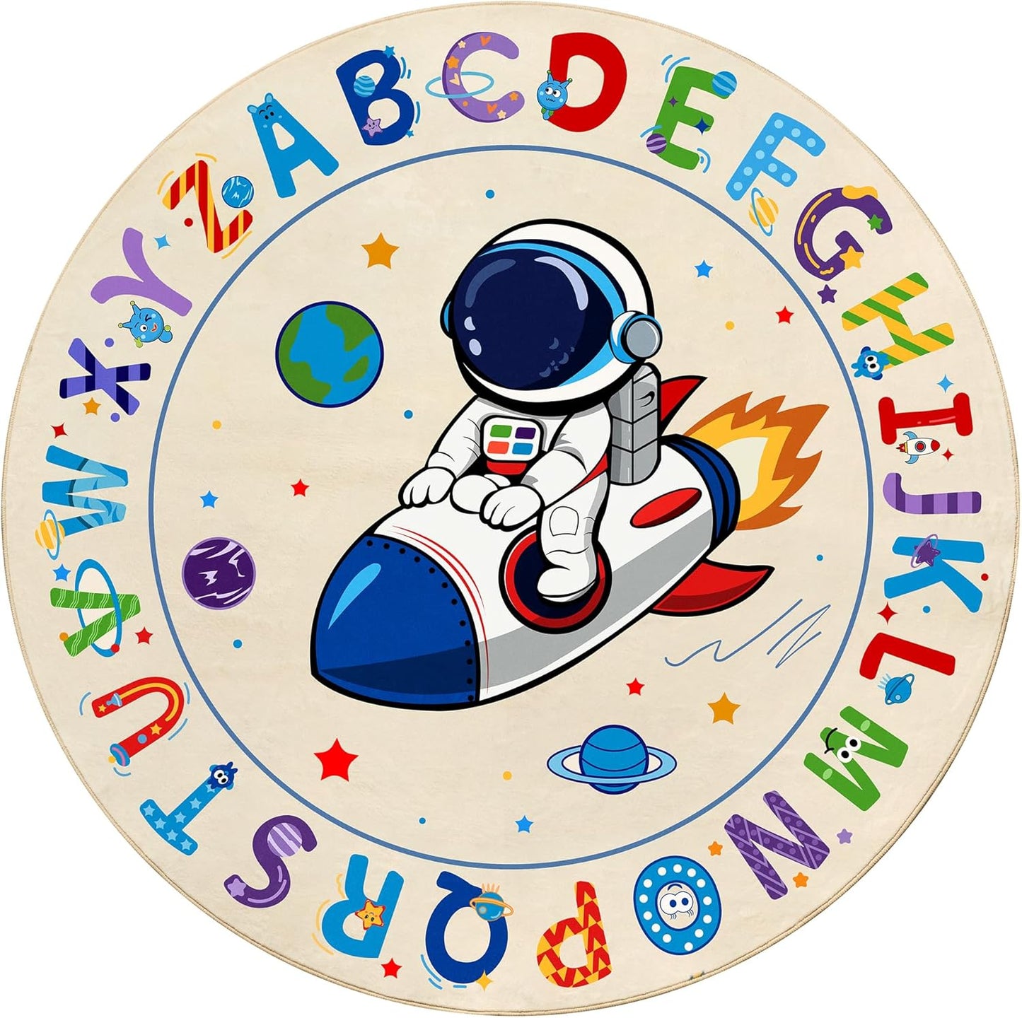 ABC Kids Alphabet Round Rug 4ft, Washable Soft Circle Nursery Rug, Non-Slip Educational Carpet with Space Astronaut Design for Classroom, Playroom & Kids Room Decor Blue