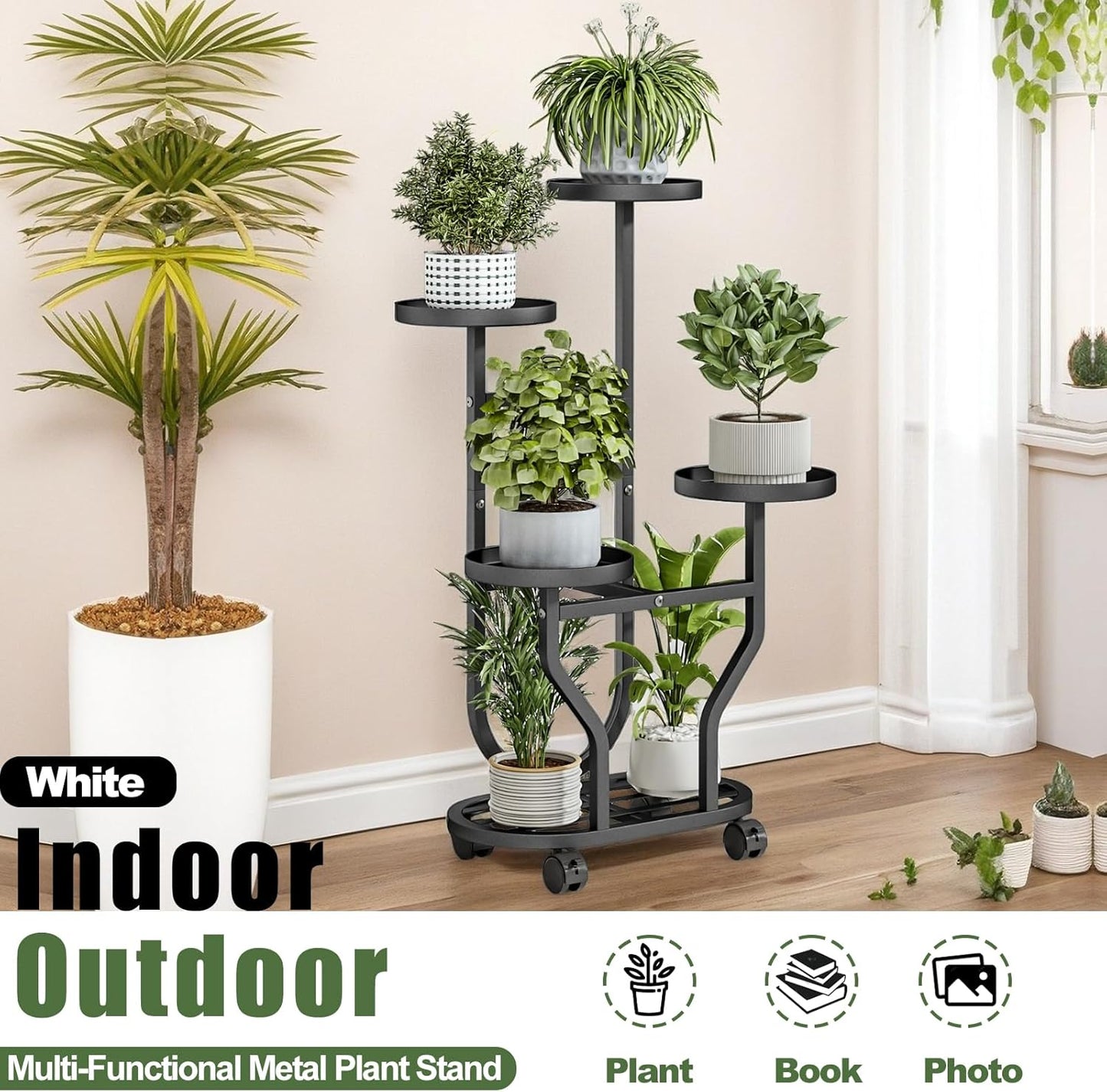 Plant Stand Indoor Outdoor 4 Tier Flower Holder with Wheels Metal Plant Shelf Corner Display Rack Multi Plants Sheleves for Living Room Garden Patio Black