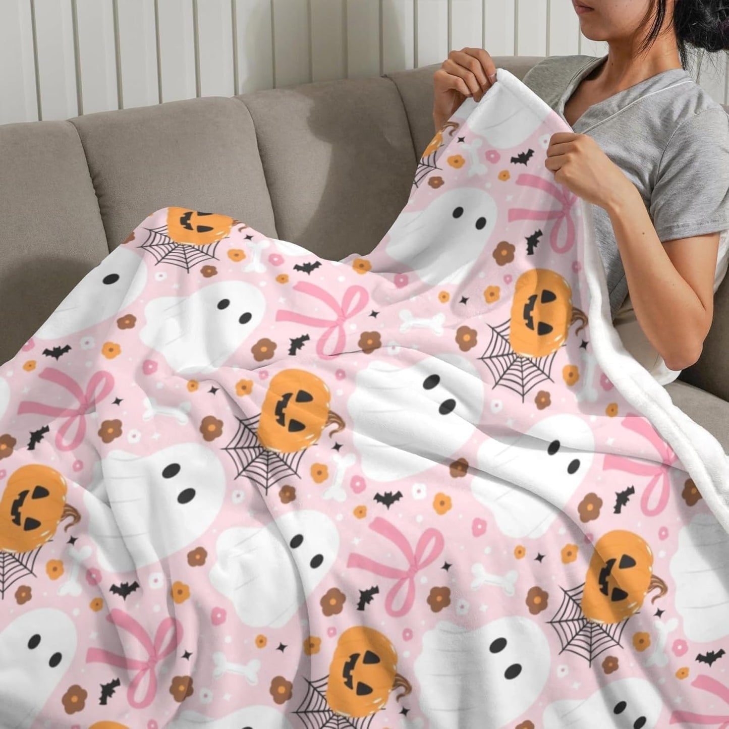 Halloween Pink Bow Ghost Throw Blanket,Halloween Flannel Blankets Throw,Soft Cozy Throw Blanket for Sofa Bed Living Room Holiday Party Decor,Throw Blankets for Women, Adults（50"x60"）