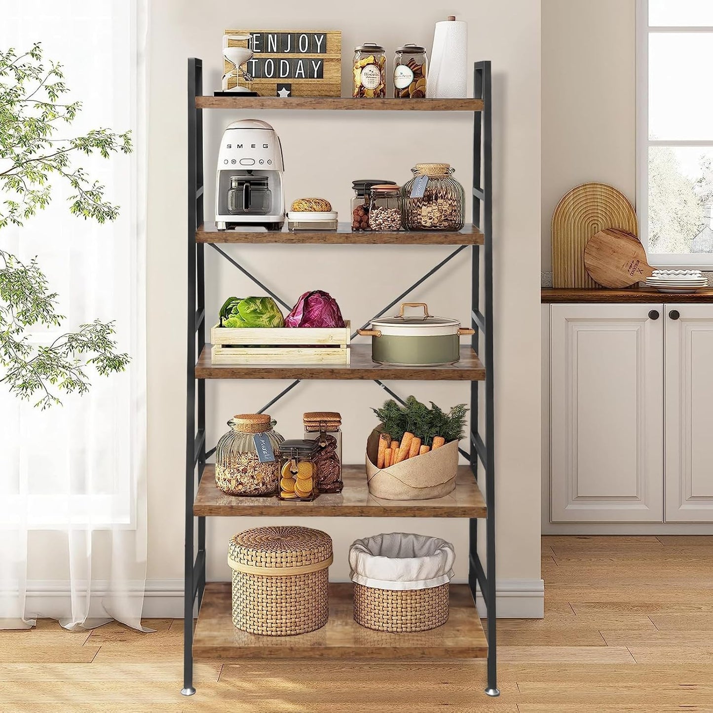 TooCust 5 Tier Ladder Bookshelf, Heavy Duty Rustic Brown Wood and Metal Bookcase with 1.2" Thick Shelves, 63" H x 30" W x 14" D, Industrial Open Storage Shelving for Living Room, Bedroom, Kitchen
