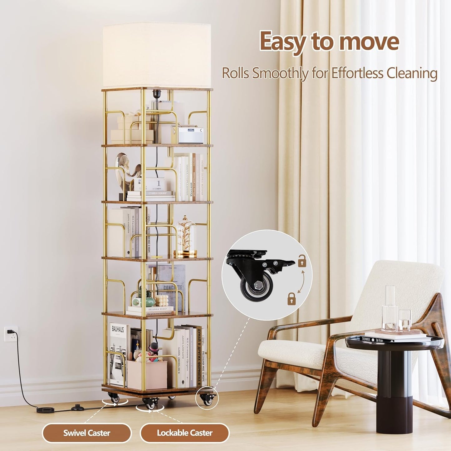 5 Tier Rotating Bookshelf with LED Light, 360 Degree Spinning Square Storage Shelf for Small Corner, Rotating Bookshelf Tower for Home, Rooms, Office (Gold+Brown)