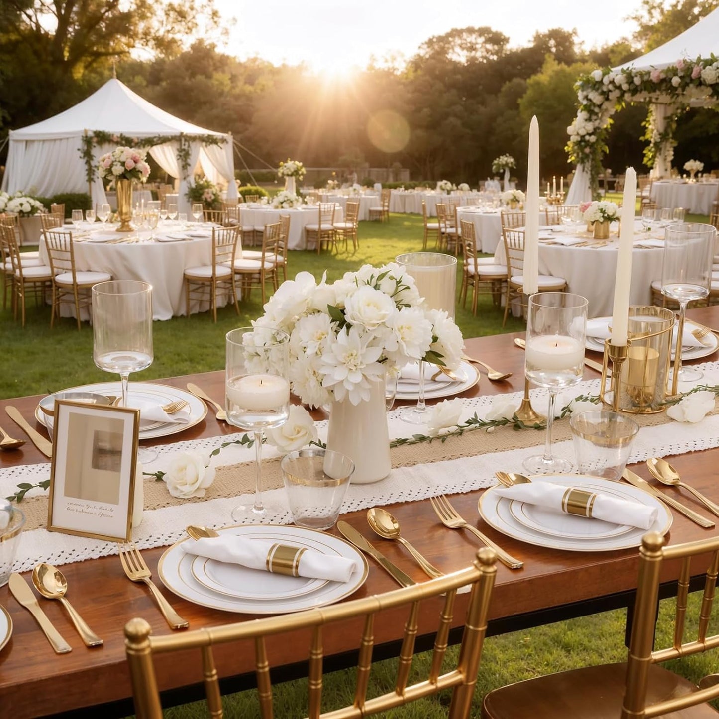 350Piece Gold Dinnerware Set for 50 Guests - Gold Plastic Plates with Disposable Cutlery Include:50Dinner Plates-50Dessert Plates-50Pre Rolled Napkins with Silverware for Wedding