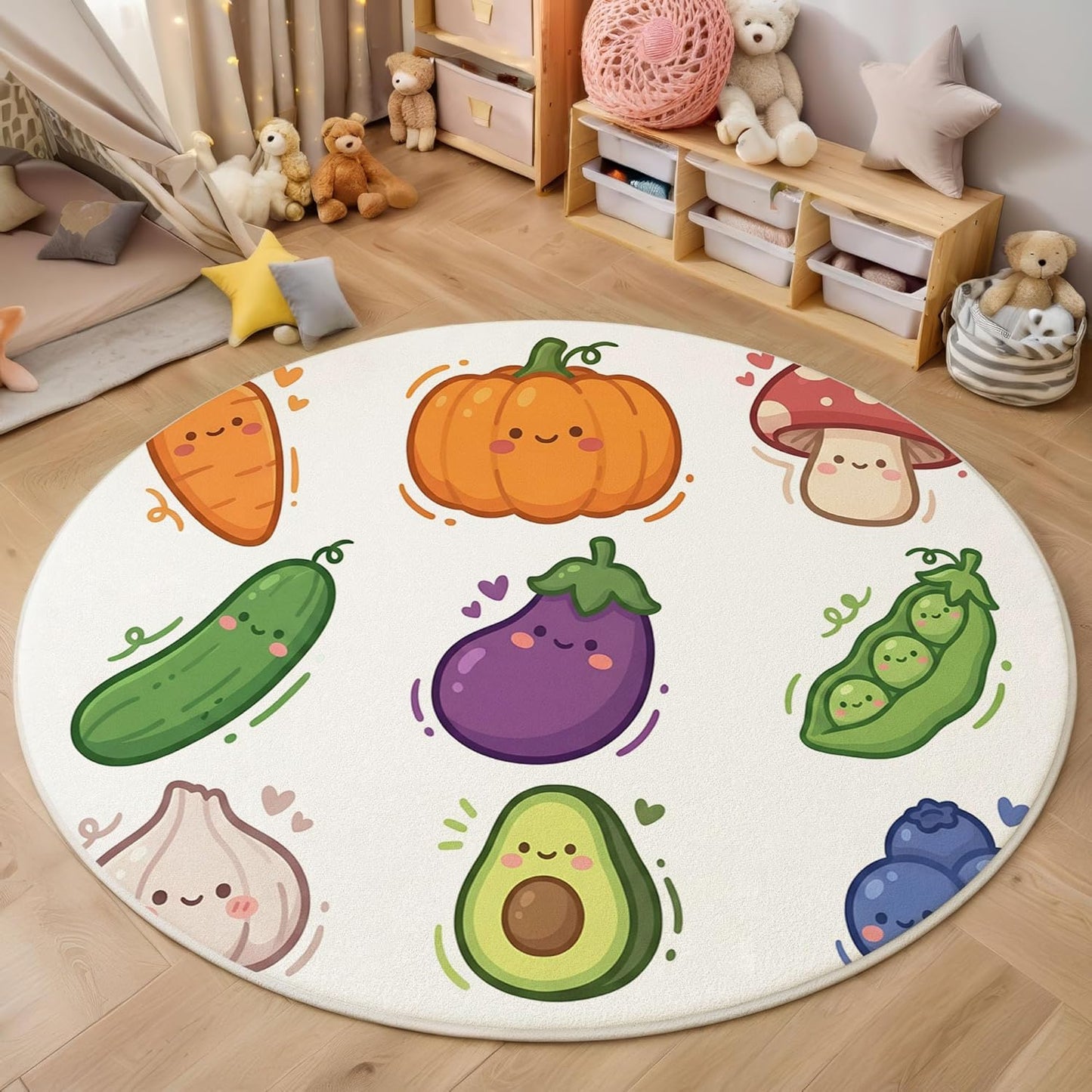 5Ft Round Washable Rug - Large Area Rug for Living Room Dining Room, Beige Soft Bedroom Carpet with Cute Smiley Face Vegetables Pattern, Cartoon Plants Décor, Low Pile Stain Resistant