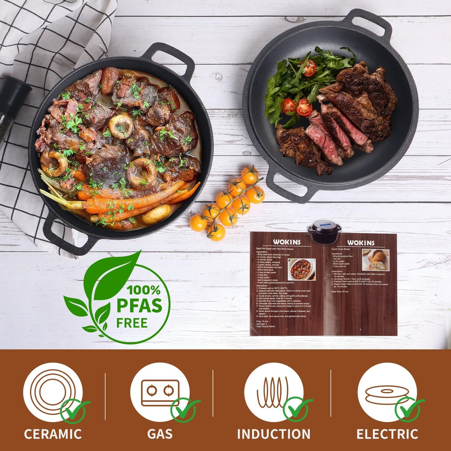 2-in-1 Pre-Seasoned Cast Iron Dutch Oven with Skillet Lid,Oven,Grill,Campfire&Stovetop Safe,Durable Black Cookware Sets with Dual Handles,Cast Iron Skillets for Sourdough Bread baking,Frying,Camping,BBQ,5QT