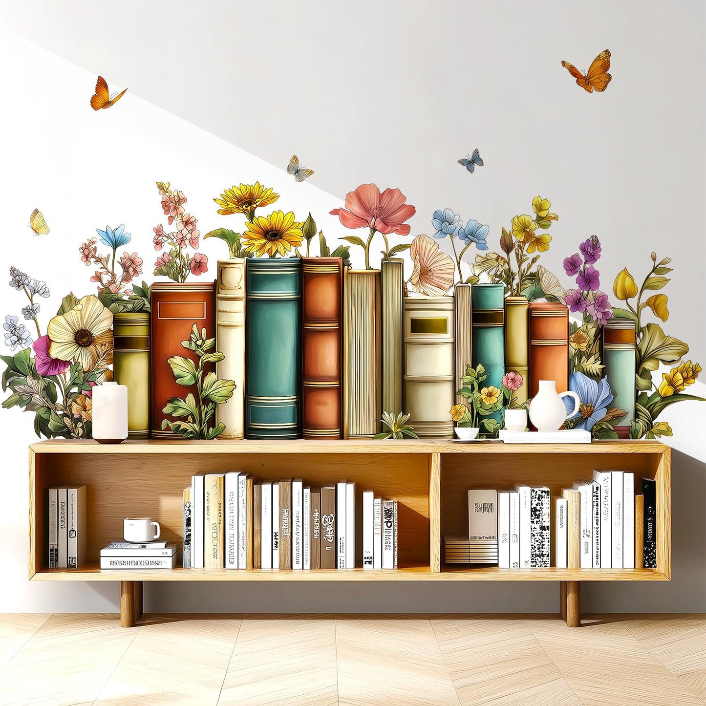 Flowers Books Wall Decals Peel and Stick, Vintage Floral Botanical Library Vinyl Wall Decor, Butterflies Removable Room Home House Wall Stickers & Murals for Bedroom Living Room Office