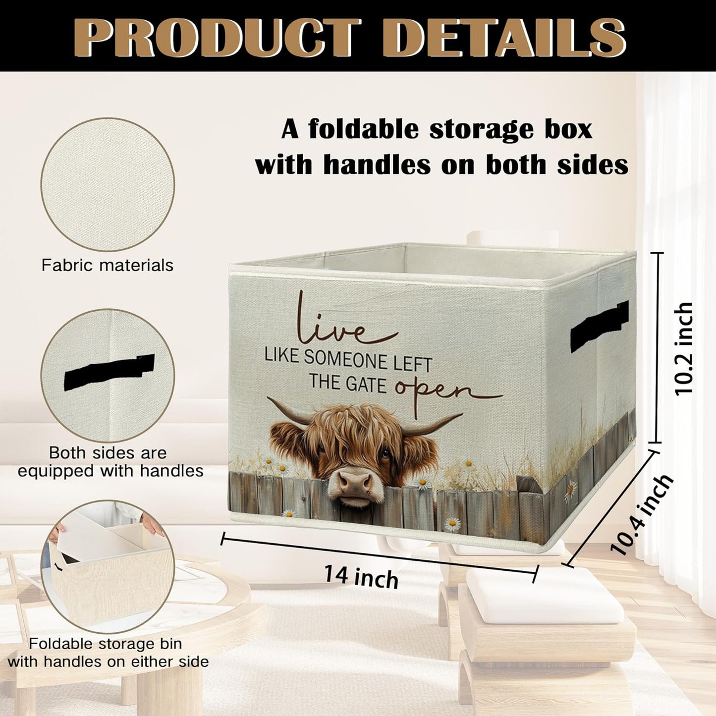 Highland Cow Storage Bins & Boxes with Handles, Western Highland Cow Foldable Basket for Organizing, Farmhouse Rustic Collapsible Storage Basket for Bedroom Room Bathroom Clothes Toys Books