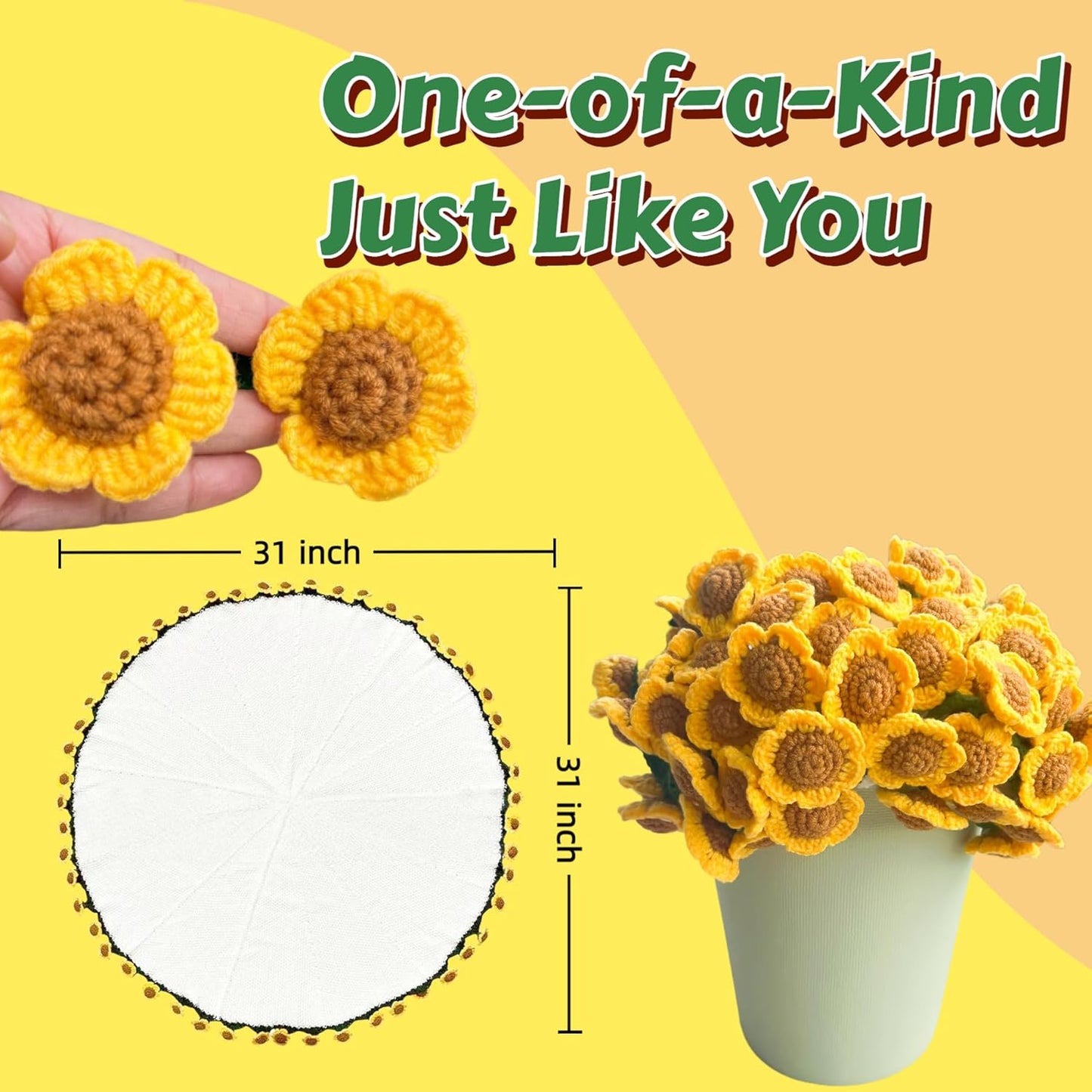 Crochet Flower Bouquet Blanket for Women-Handmade Crochet Sunflower Bouquet Blanket,Soft and Lightweight Knitted Throw Blankets, Gifts for Birthday Christmas Valentine’s Day(31in)