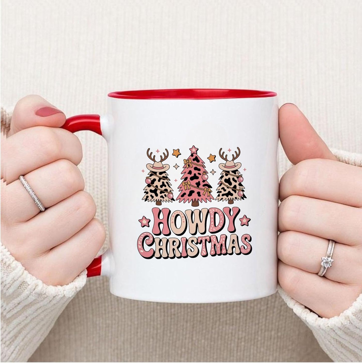 Funny Leopard Tree Howdy Christmas Two-Tone Accent Mugs, 11oz 15oz Drinking Cups, Kitchen Décor, Gifts For Book Lovers