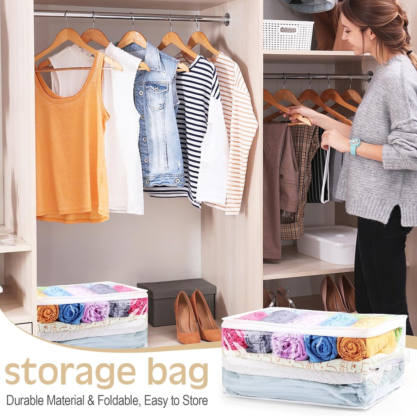 Windyun 16 Pcs Clear Vinyl Zippered Storage Bags with Handle Plastic Blankets Storage Bags for Sweater Clothes Bed Sheet Organizer for Closet Linen Bed Sheet Bedding Toys Clothing
