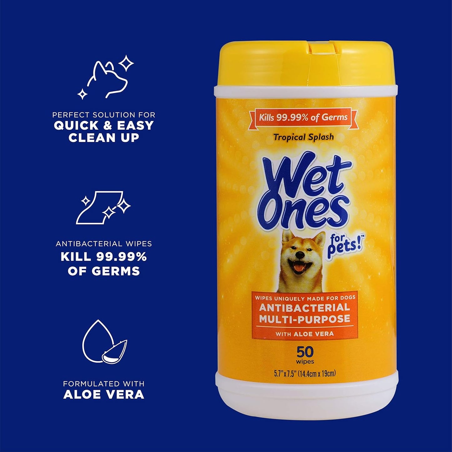 Wet Ones for Pets Antibacterial Dog Wipes, Multi-Purpose Grooming Wipes with Aloe Vera for Paws, Face & Body, Easy Cleanups Between Baths, Tropical Splash Scent, 5.7 in x 7.5 in, 50 Count
