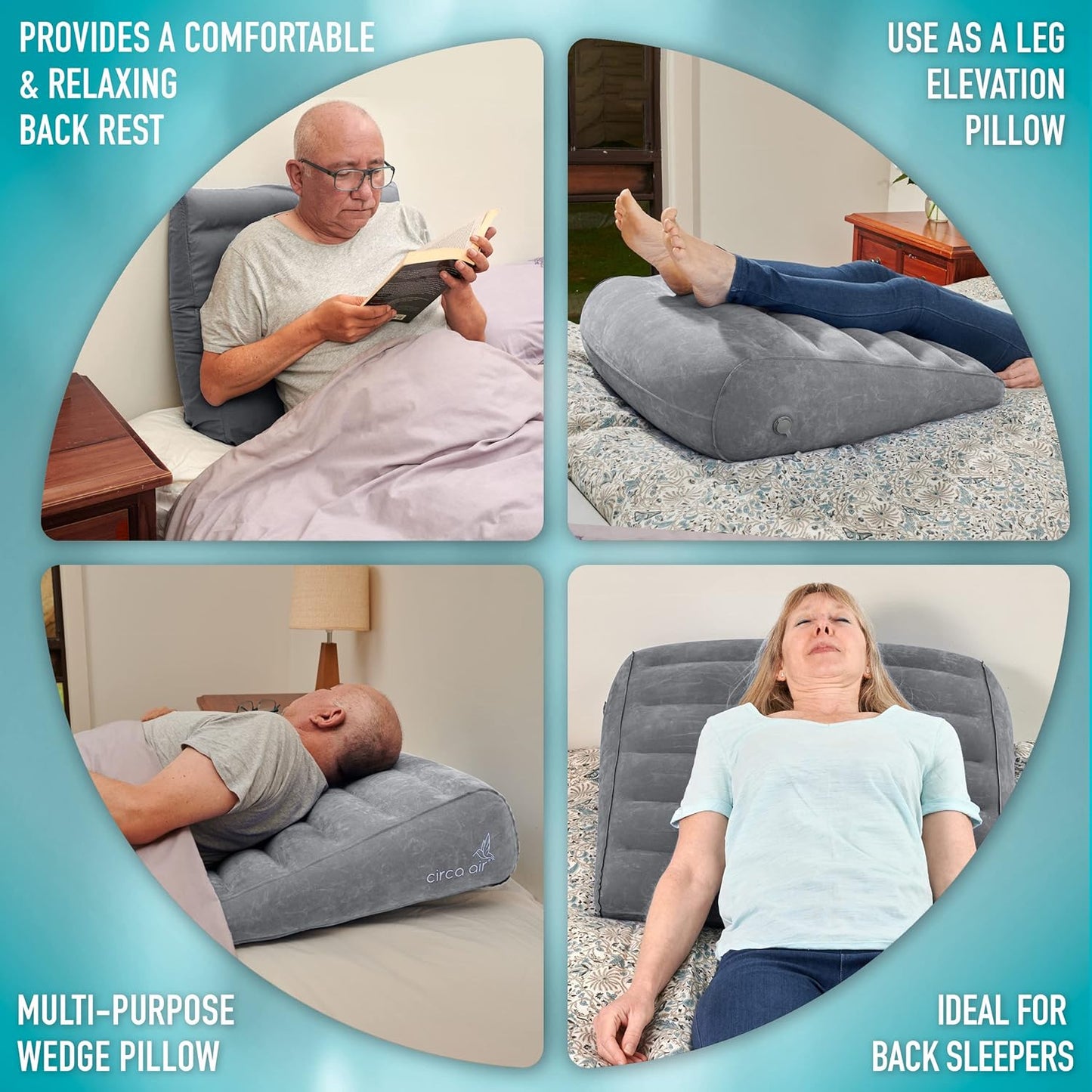 Circa Air Inflatable Wedge Pillow for Traveling - Travel Wedge Pillows for Sleeping in Bed, Acid Reflux, Sleep Apnea, Snoring for Back, Knee, Leg Elevation and Side Sleepers, Blow up Cushion