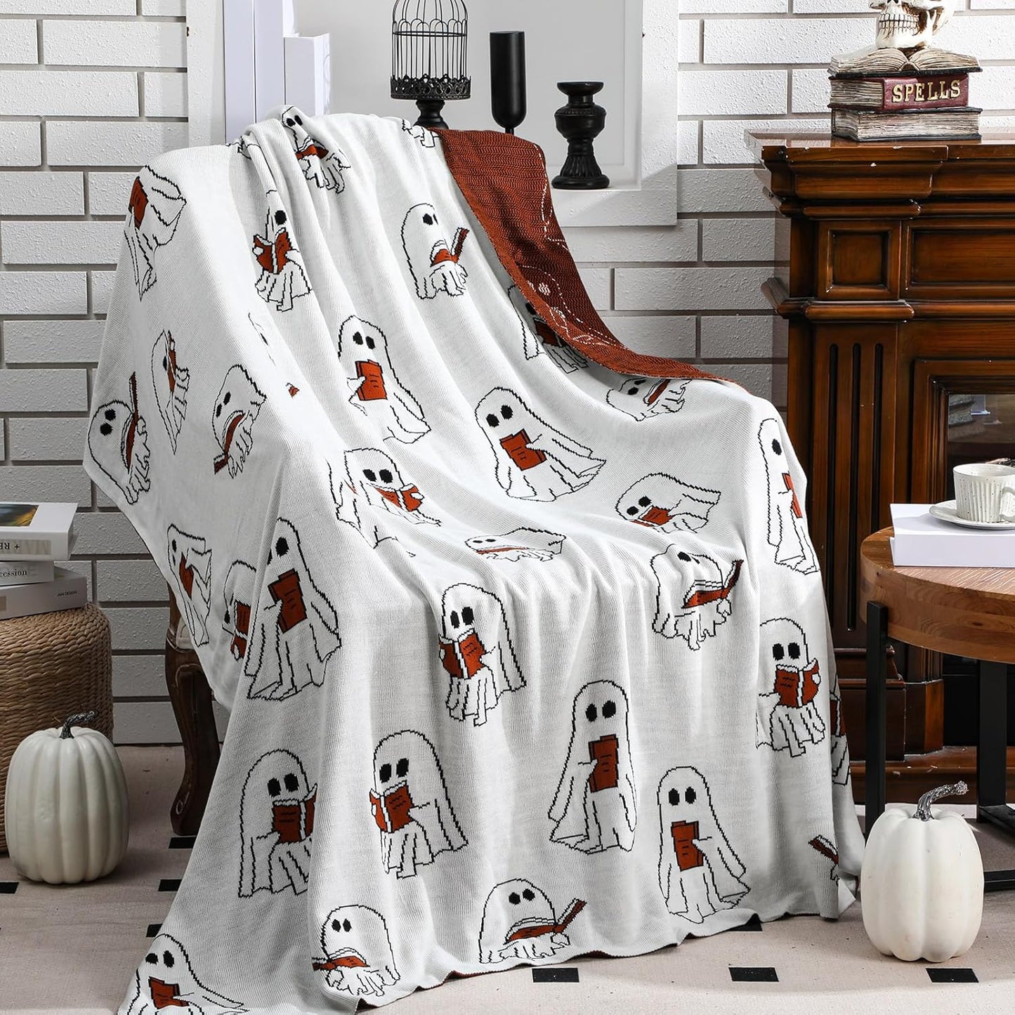 Easter Day Halloween Ghost Reading Book Blanket 50 x 60 Inches Soft Knit Throw with Ghosts Reading Book Pattern Halloween Easter Decoration Gift for Living Room Couch Sofa Bed