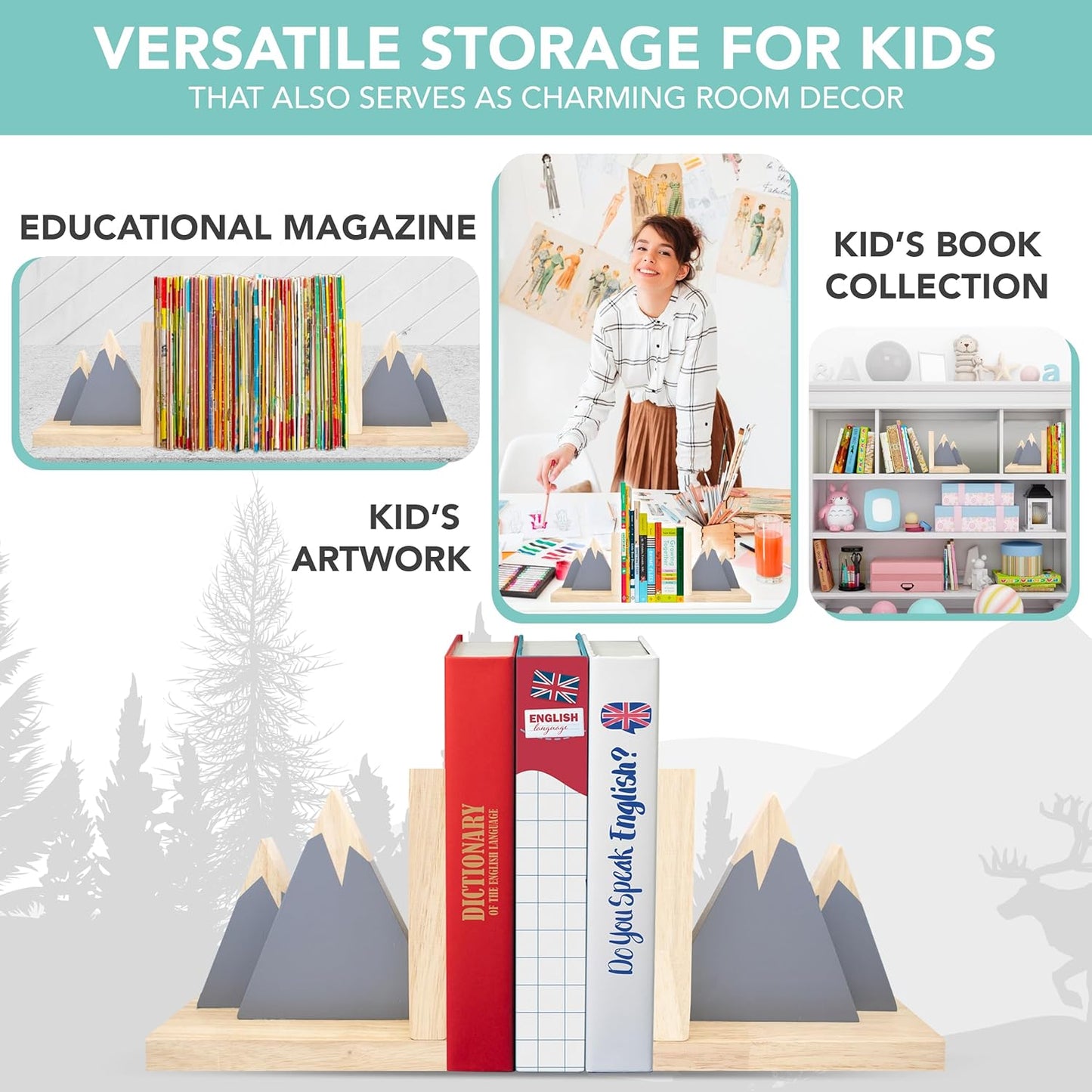 Decorably Gray Mountain Book Ends for Kids Books - 1 Set Non-Skid Wooden Decorative for Girls and Boys Room, Baby's Nursery, Classroom Decor