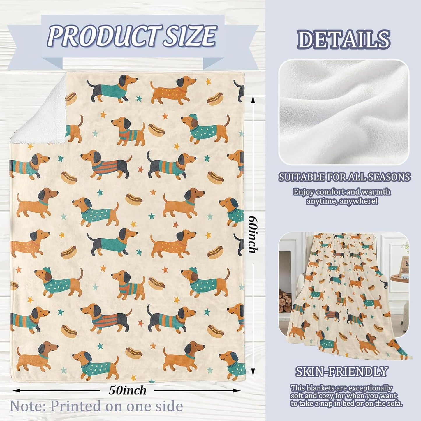 Playful Dachshund Blanket, Wiener Dogs in Colorful Outfits and Hotdogs 60 x 50 Inch Flannel Throw Blanket, Gifts for Women Kids, Lightweight Cozy Warm Blankets for Sofa Travel Home Decor