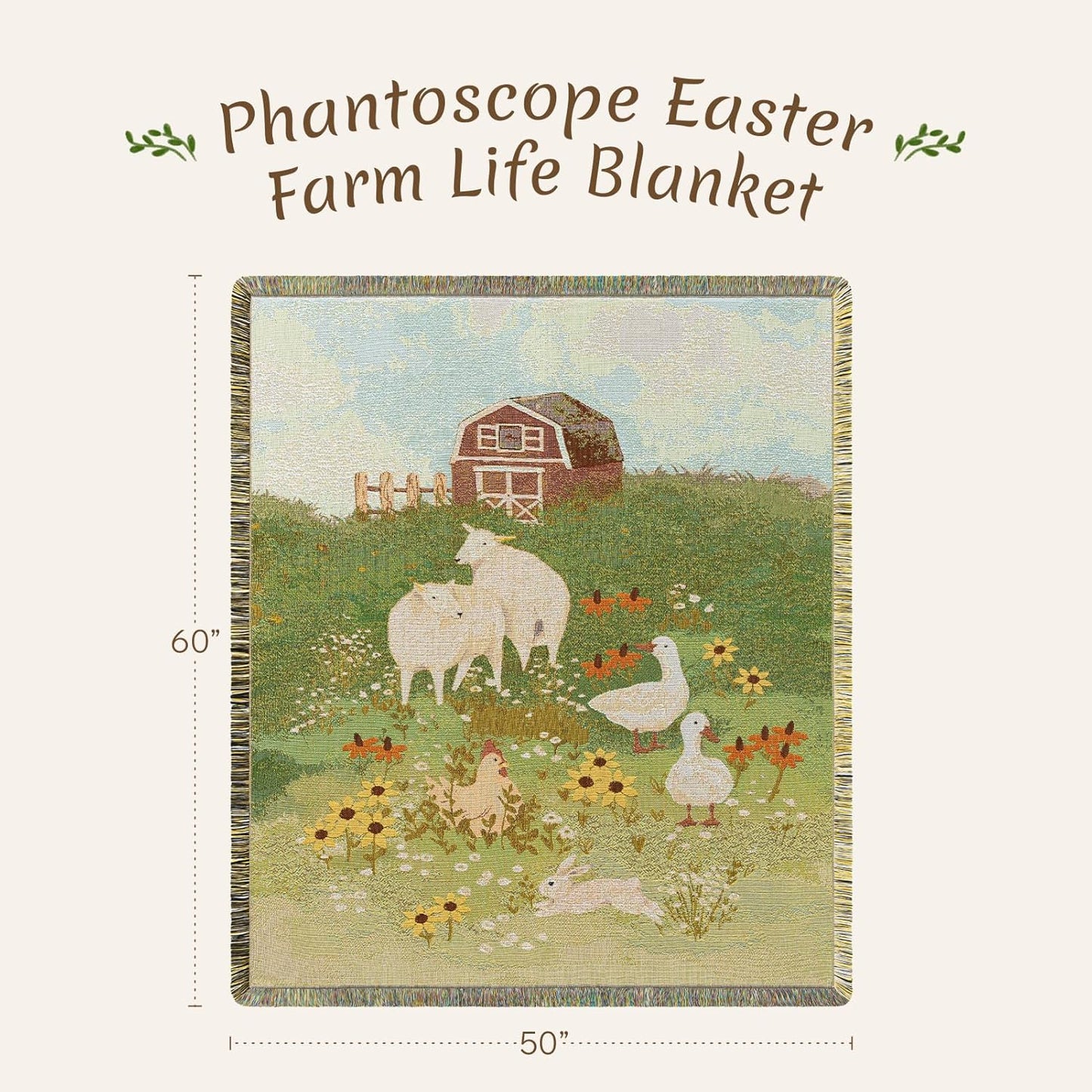 Phantoscope Easter Blanket Soft Jacquard Knitted Throw Blanket with Tassel, Warm Cozy Blankets with Farm Animals Blankets for Couch Living Room Bedroom, Green, 50 x 60 inches