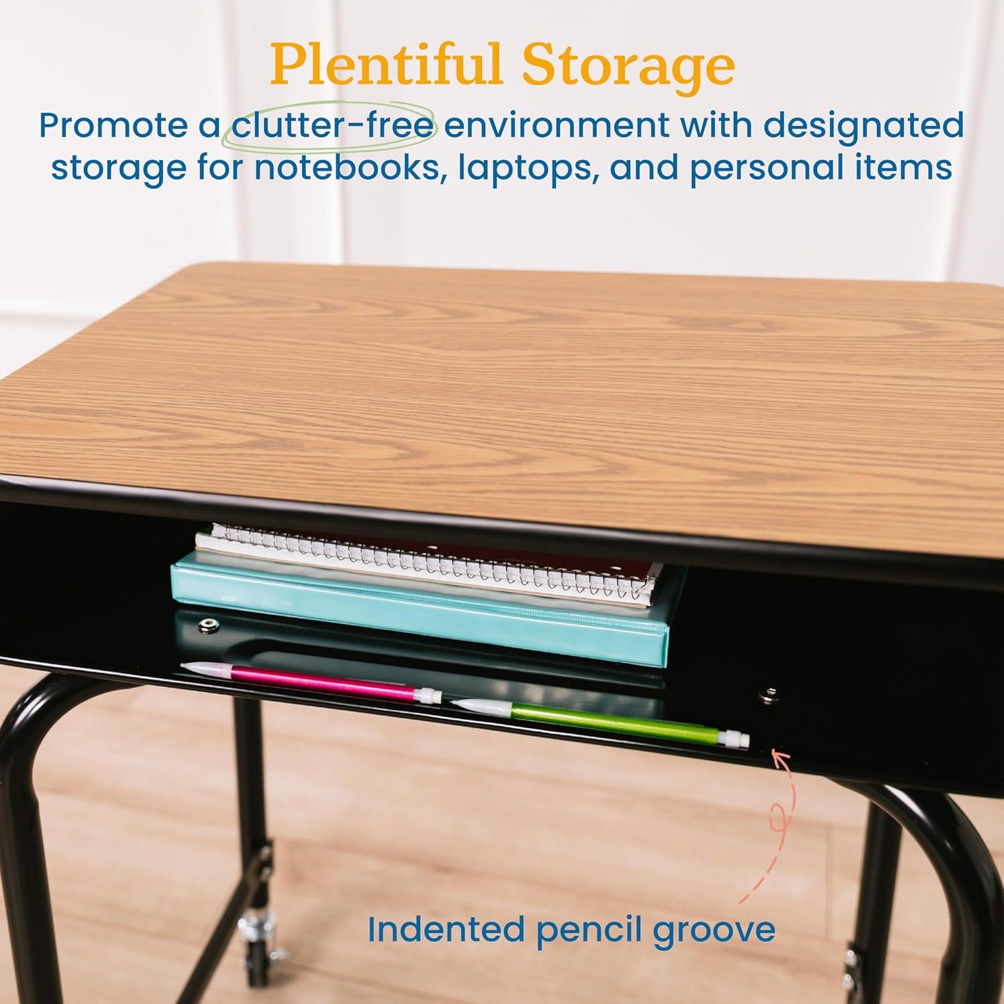 ECR4Kids Mobile Open Front Desk with Metal Storage Book Box, Classroom Furniture, Oak