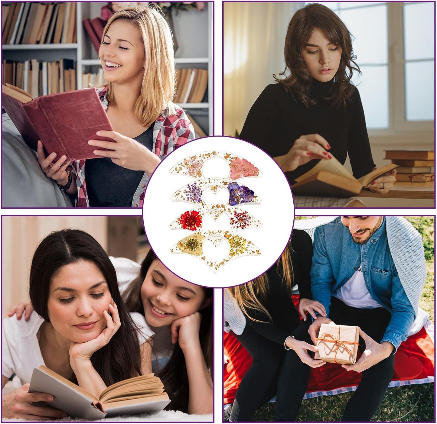 4 Pcs Books Page Holder Dried Flower Resin Transparent Thumb Bookmark Bookpage Holder Book Clips to Hold Books Open Book Accessories Gift for Reading Lovers Teachers Students (Purple Pink Red Yellow)