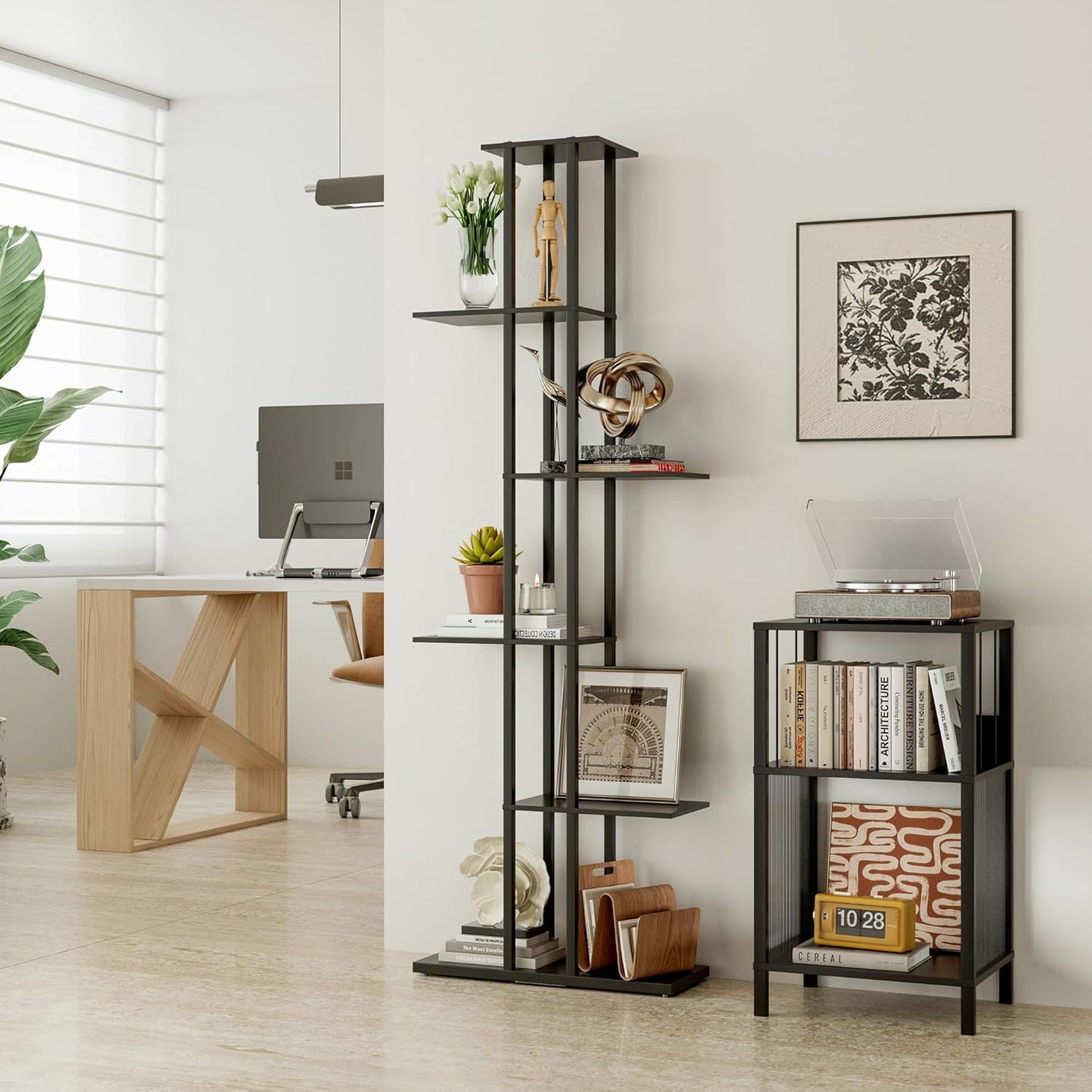 6 Tier Corner Bookshelf，Slim Open Bookshelf，Small Book Shelf for Small Spaces，Living Room, Home Office, 9.45 x 20.8 x 62.2 Inches,（1PC+Rustic Borwn