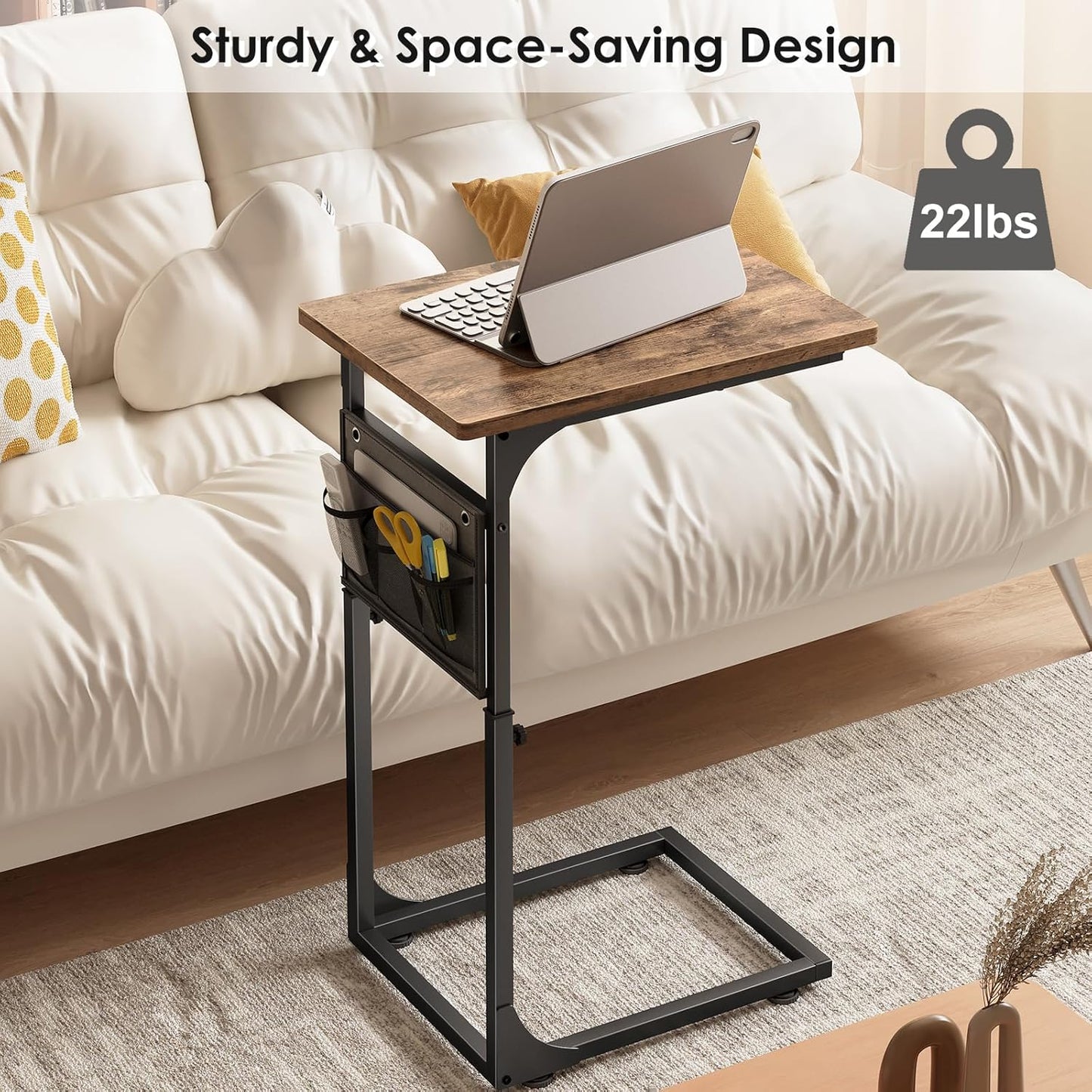 Fixwal C Shaped End Table Adjustable Height Side Table for Couch, TV Tray with Storage Bag Slide Under Sofa Small Tables for Living Room, Bedroom & Office, Rustic Brown