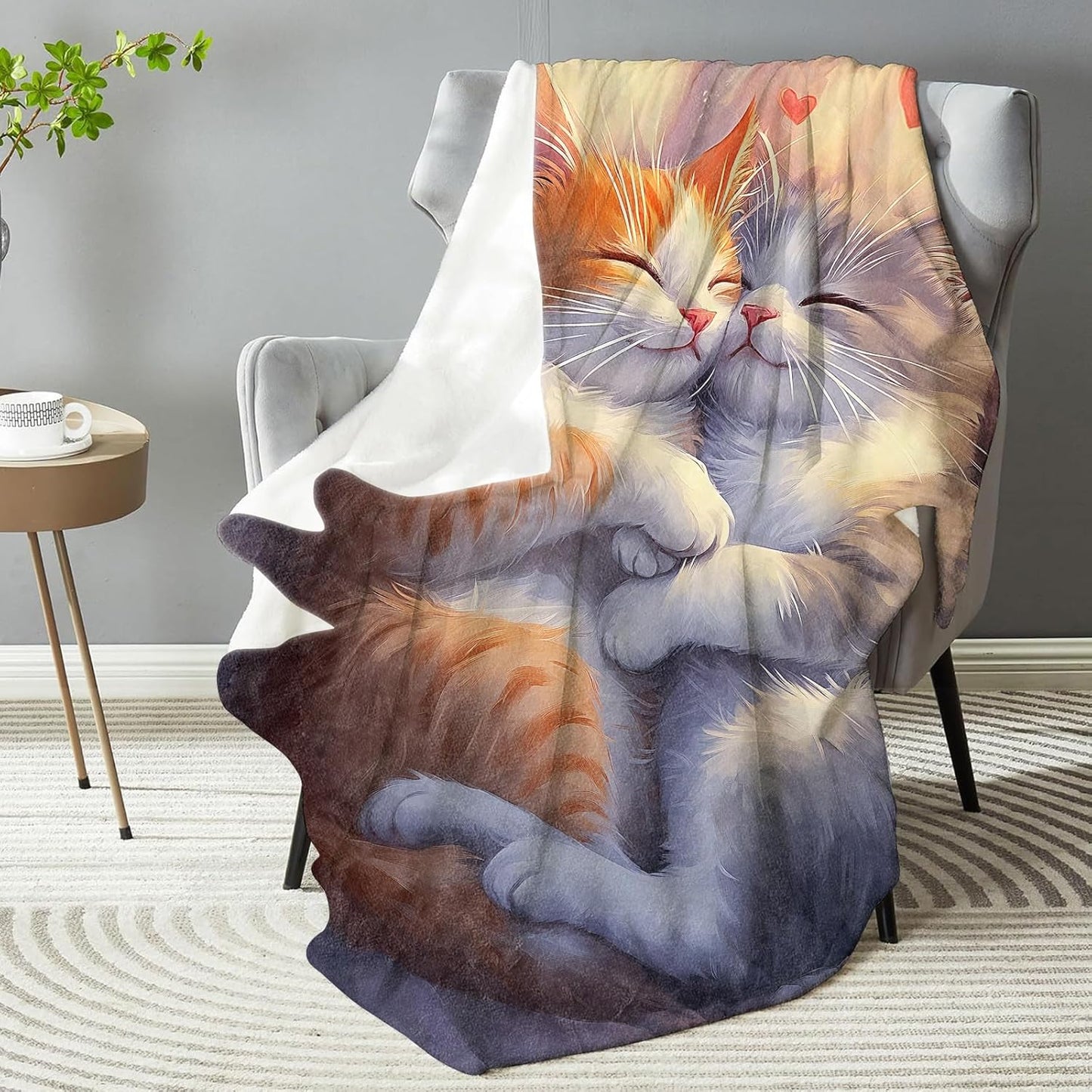 Adorable Cat Couple Blanket,Valentine's Decorative Throw with Cute Kitten and Heart,Lightweight Flannel Blankets for Dorm Living Room Office,Ideal Gifts for Pet Lovers Adults 50"x60"