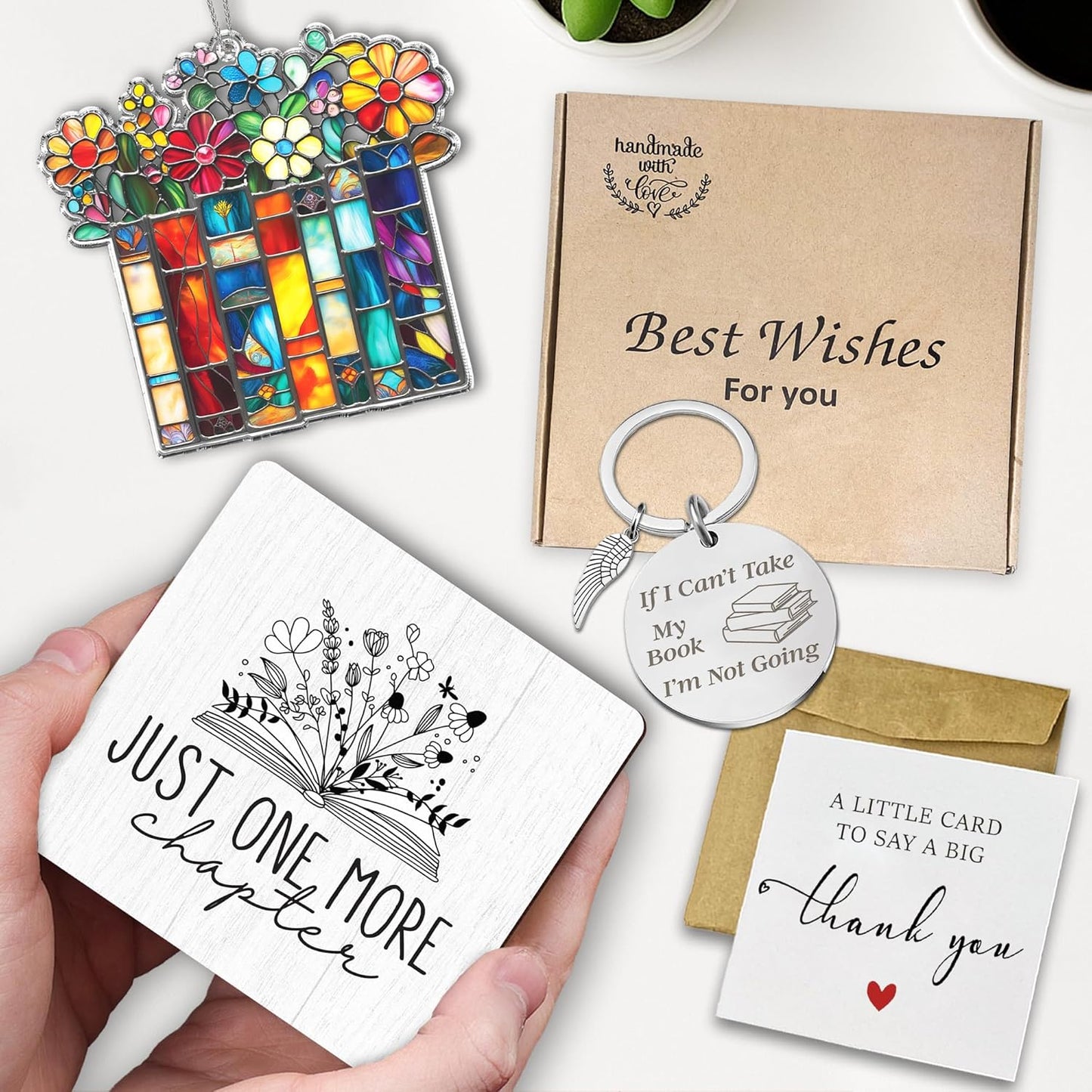 Just One More Chapter Book Lovers Gifts Set – Reading Accessories Gifts for Women, Teacher, Reader Librarian, Book Club – Book Ornament, Wooden Sign, Keychain & Card - Birthday Present Bookworms FF772