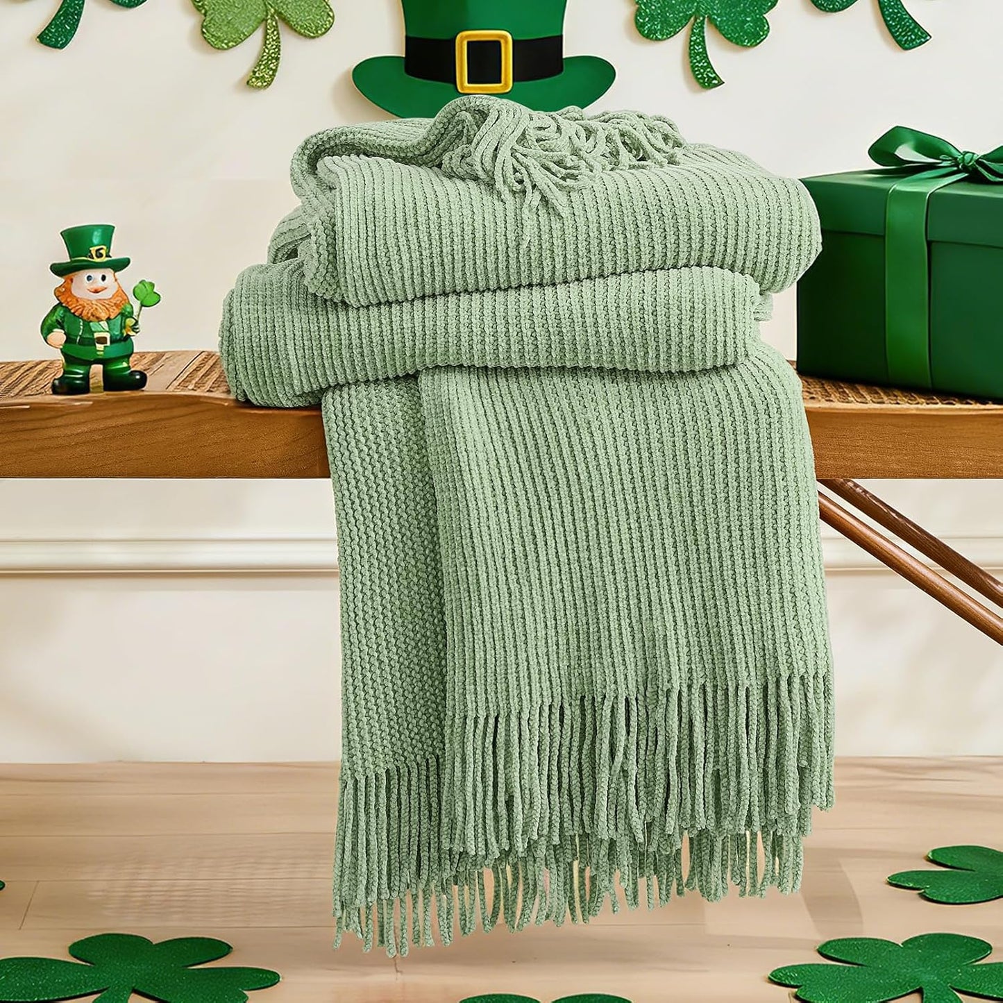 inhand Basil Green Throw Blanket for Couch Bed,St. Patrick’s Day Lucky Spring Gifts Throw for Men Women,Chunky Chenille Woven Soft Warm Blanket,Boho Farmhouse Cozy Decor,60"x80",Medium Thick,