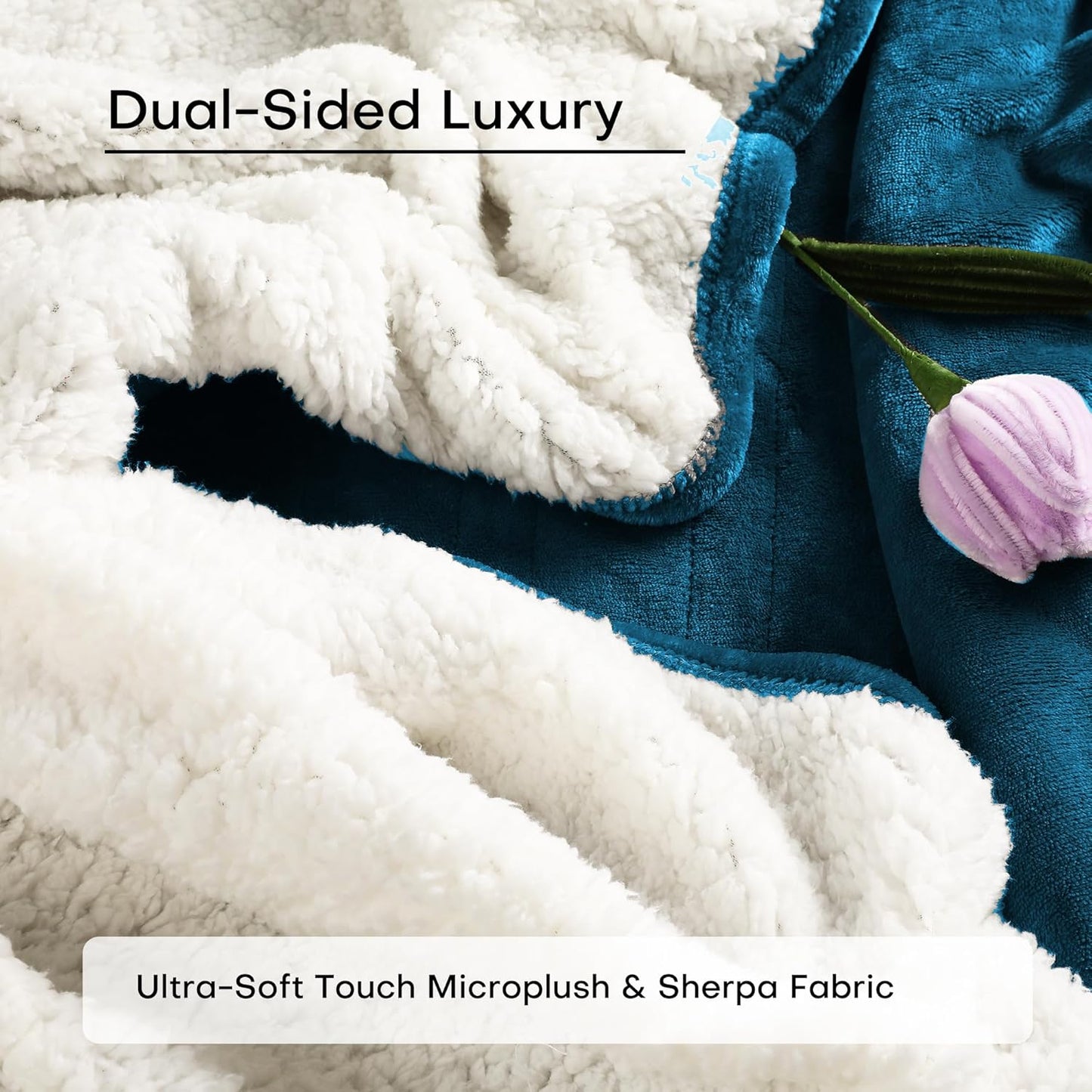 Electric Heated Blanket Throw Size 50"x60", 5 Heat Settings- 3H Auto Shut Off Flannel Material&Sheepskin Fabric, Machine Washable, Lake Blue&White